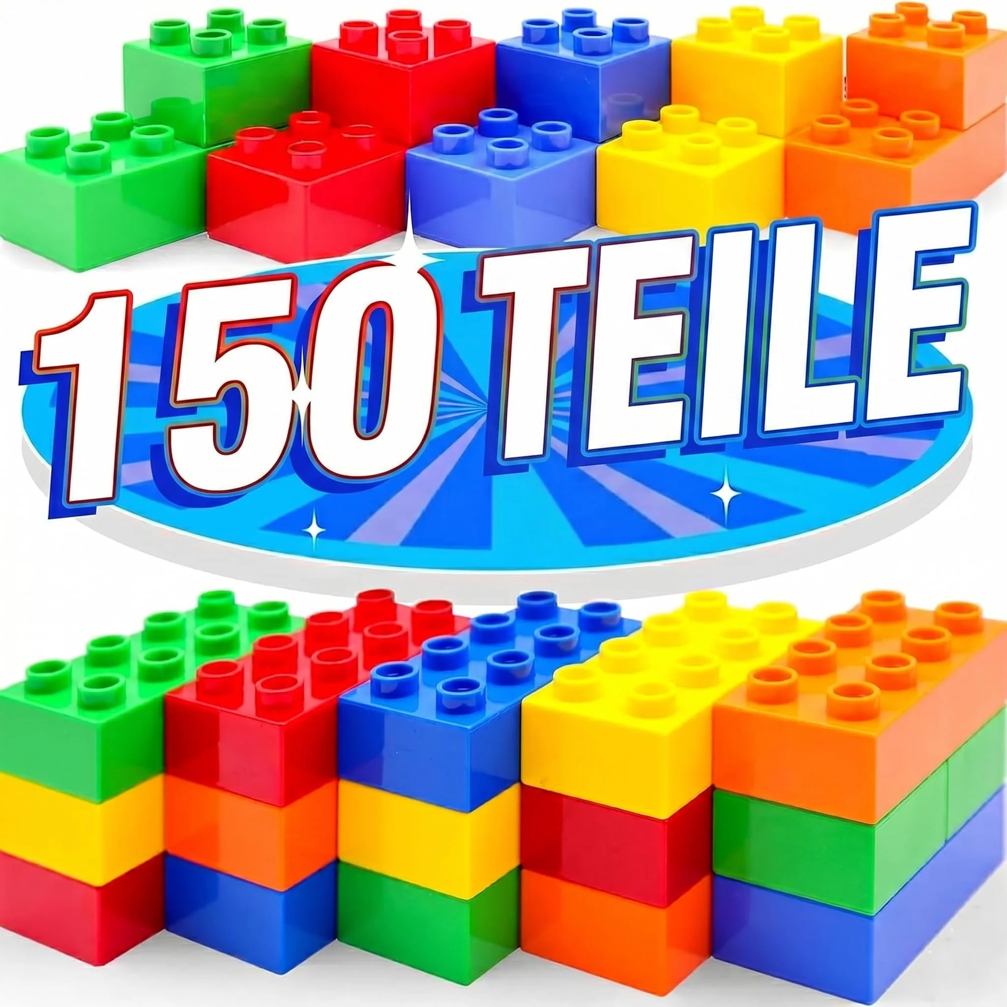 WYSWYG Große Bausteine 150 Stück Kompatibel Ab 3 Jahren | Kompatibel mit allen Marken · 5 Farben, 2 Formate · großes Format ab 3 Jahren · eine Kiste, Wochen Bauspaß