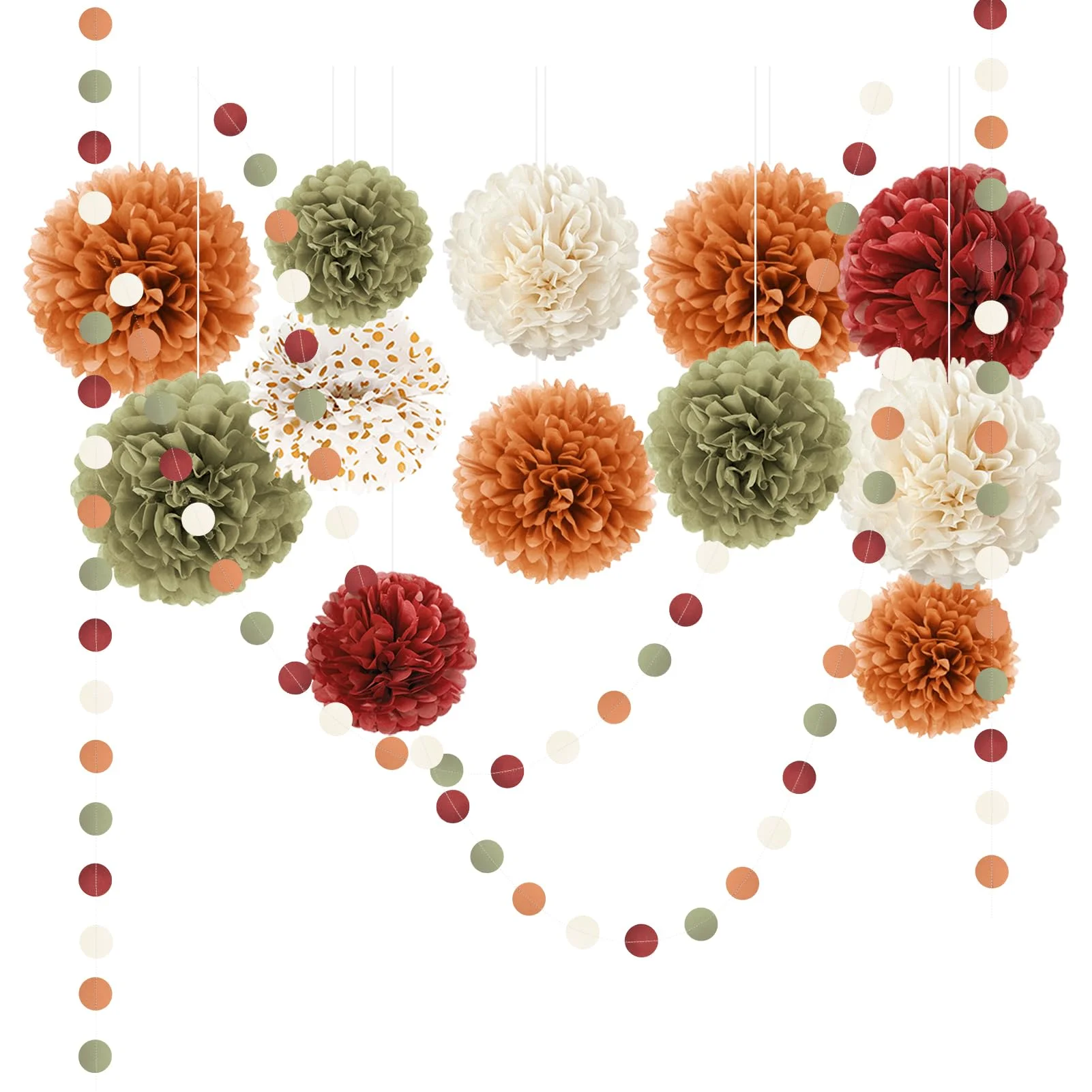 NICROLANDEE Herbst Party Dekorationen Seidenpapier Pompons Deko 15 Stück | Orange Salbei Grün Tissue Papier Pom Poms und Dots Girlande für Hochzeit, Geburtstag, Herbst Ernte Party Gartenparty Deko