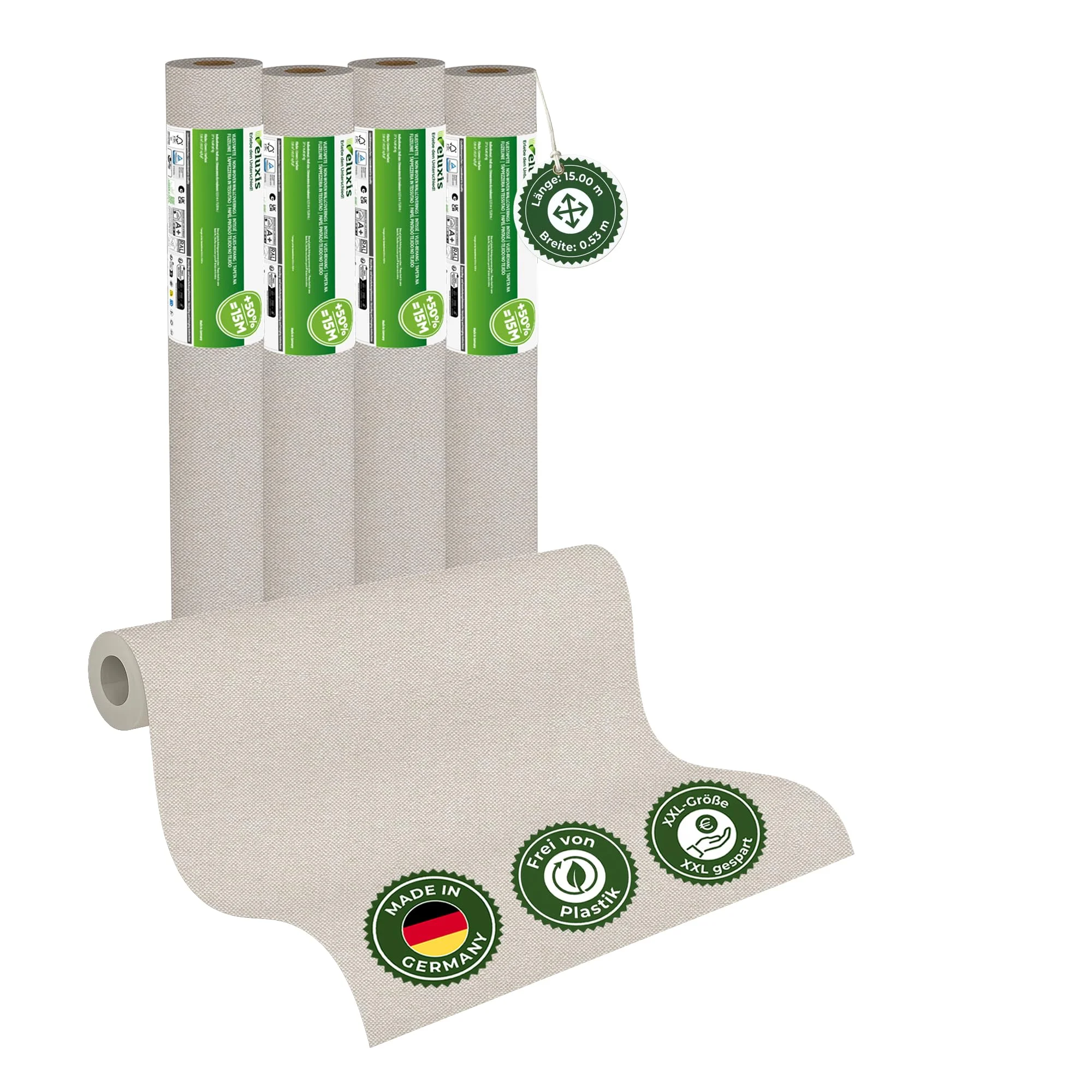 Veluxis Vliestapete 4er-Set UNI einfarbig Cremebeige – 15,00 m × 0,53 m | matt, waschbeständig, stoßfest, Made in Germany
