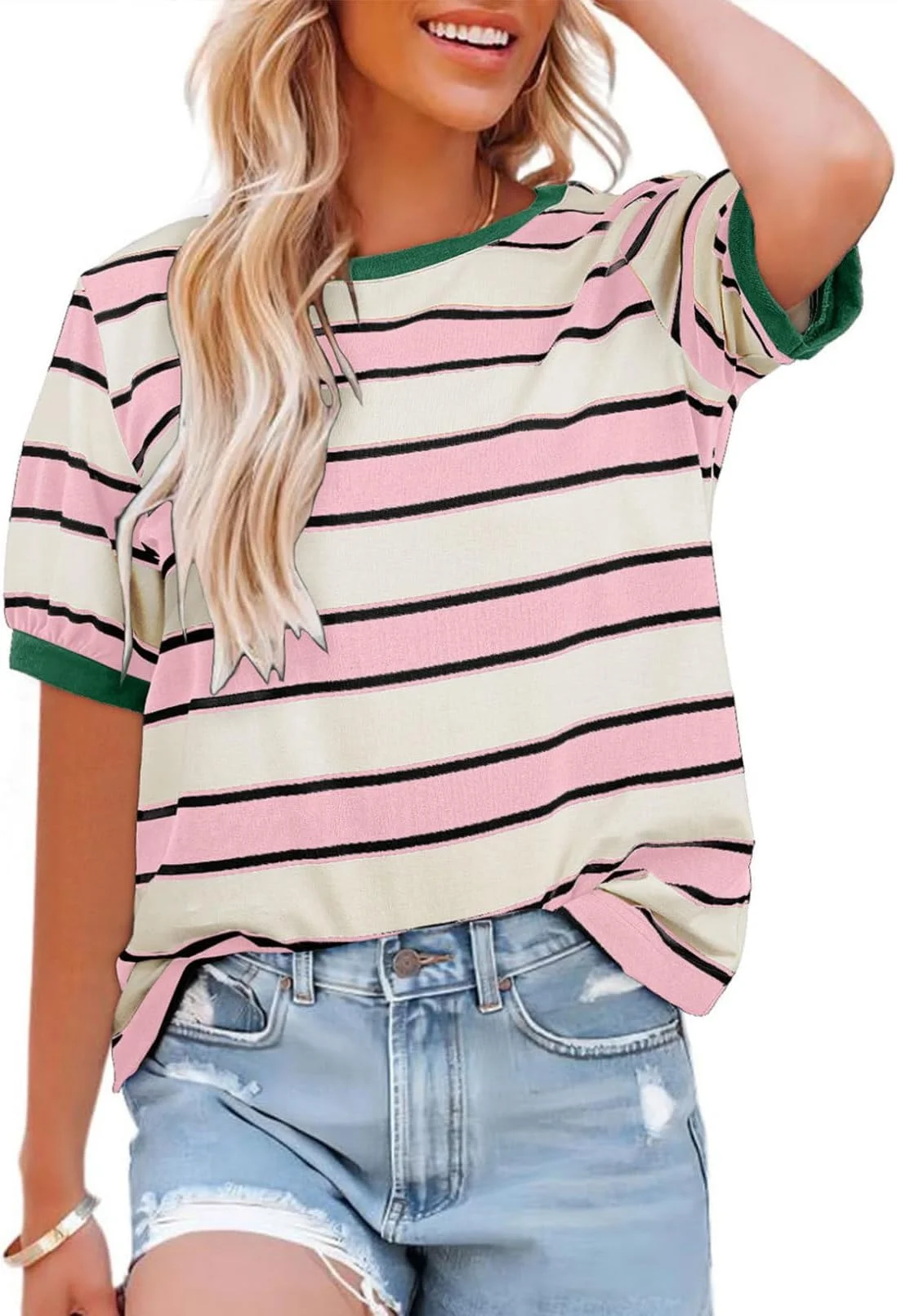 BUNSLOOM Tshirt Damen Gestreift Color Block Rundhals Kurzarm Oberteile