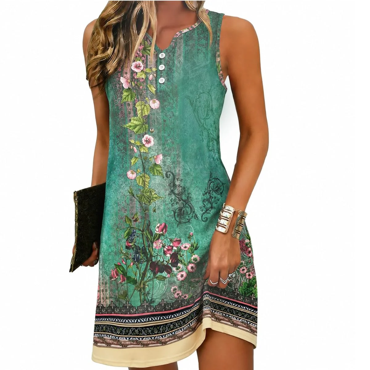 Yeenily Damen Bohemian Langarm Kleid V-Ausschnitt Blumenmuster Tunikakleider A Linien Lose Lässiges MiniKleid Freizeitkleid