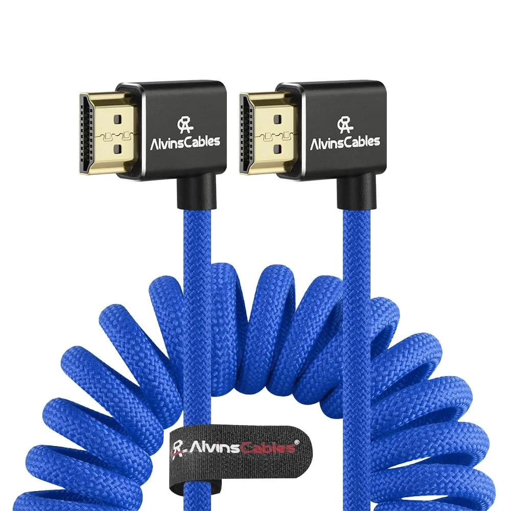 Alvin's Cables 8K 2.1 HDMI-Kabel 48 Gbit/s 8K@60Hz 4K@120Hz Hochgeschwindigkeits-geflochtenes Spiralkabel für Sony A7 A9, BMPCC, Canon C70, Atomos Ninja, Feelworld, Winkel von links nach links, blau