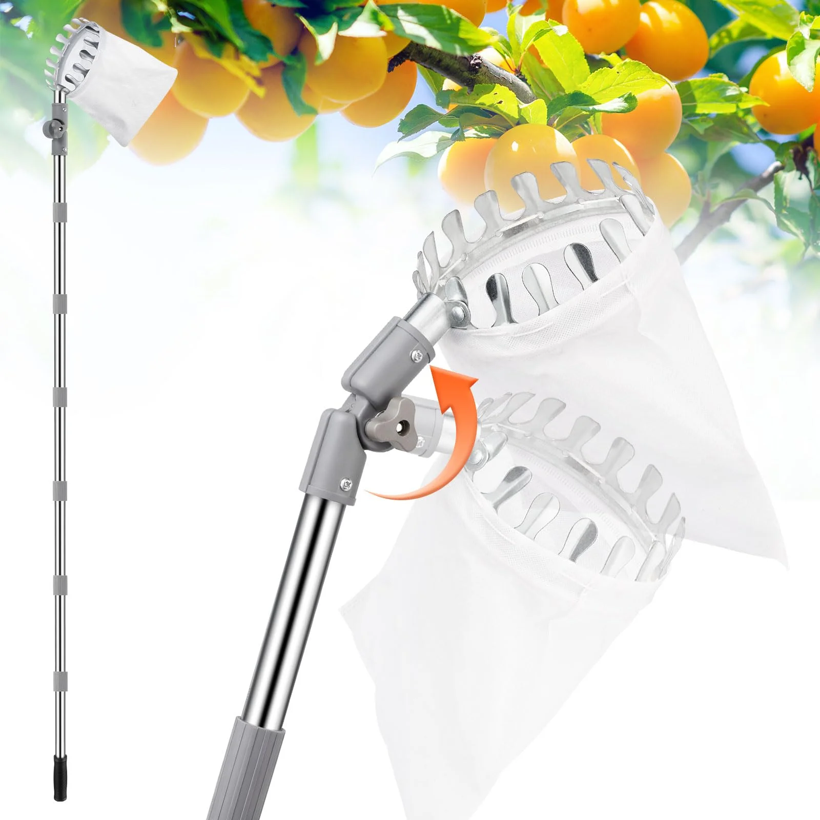 Donken Obstpflücker 4.2m mit Teleskopstiel & Baumwollbeutel | Verstellbarer Pflückkopf, 11 Edelstahl Verlängerung, Baumwollbeutel, Apfelpflücker für Apfel, Birnen, Kirschen, Pflaumen, Obs
