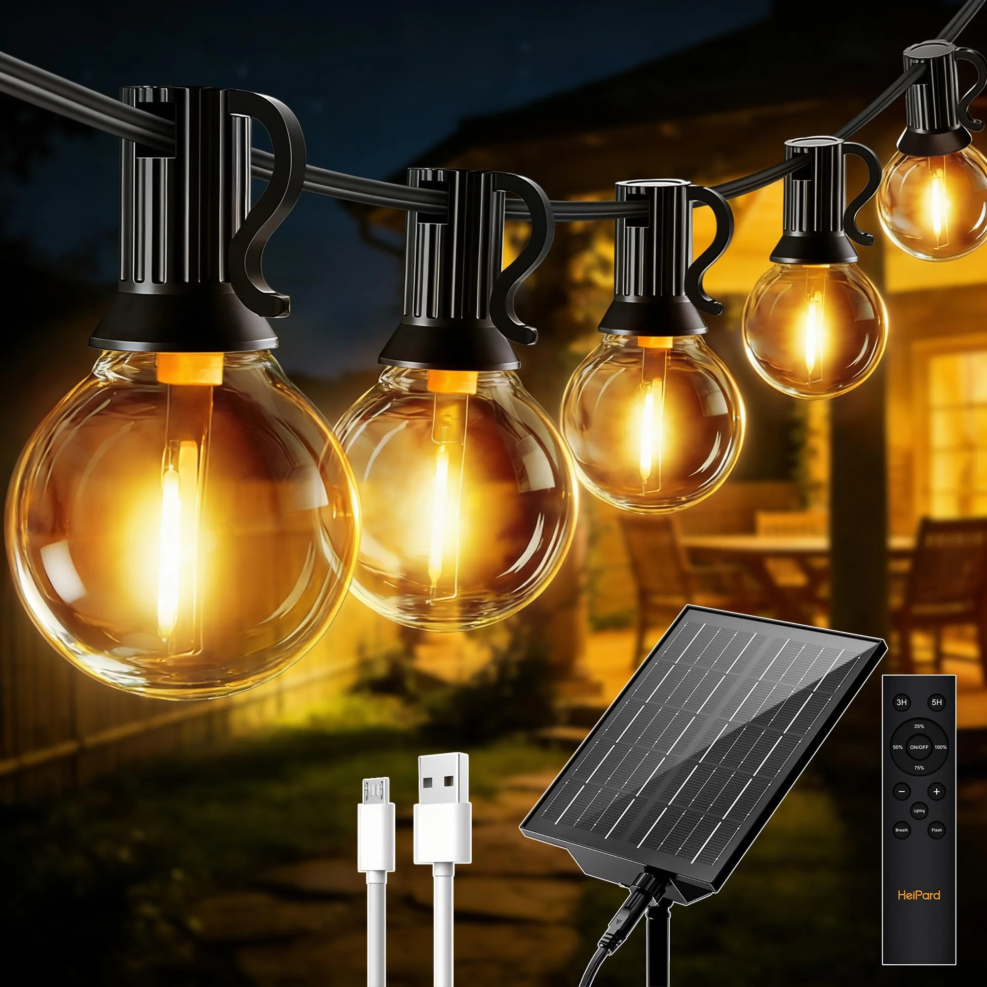 HeiPard Solar LED Lichterkette Außen 15M 25+2 G40 Dimmbare Glühbirnen, 3 Modi & Timer, IP45 Wetterfest Outdoor Lichterkette mit Fernbedienung, Deko für Garten, Terrasse, Balkon, Party