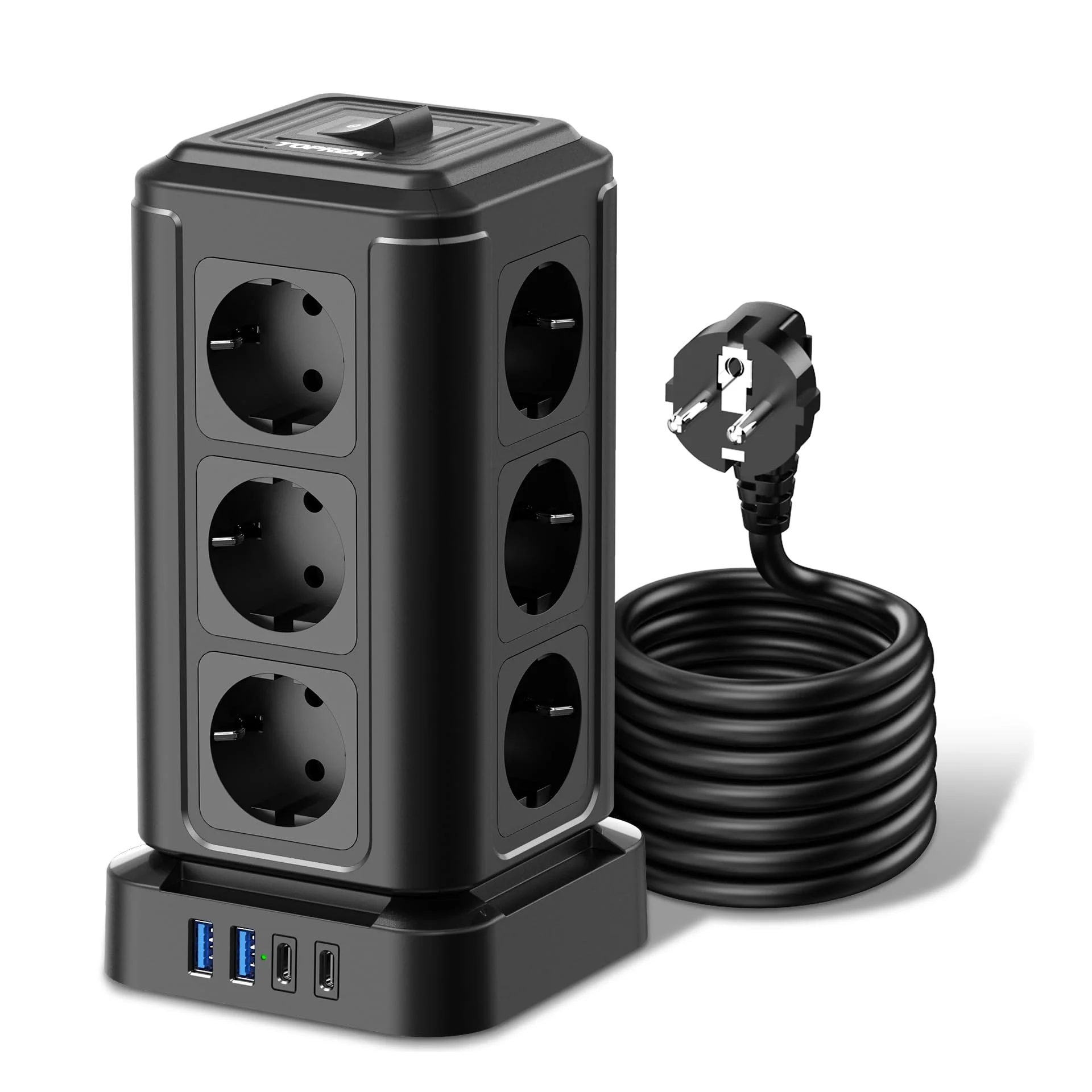 TOPREK Steckdosenturm 3680W, Mehrfachsteckdose Überspannungsschutz PD USB C | 20W USB C Schnellladen,16A Steckdosenleiste, Steckdose mit Schalter für Büro Küche Tisch, Schwarz 2M