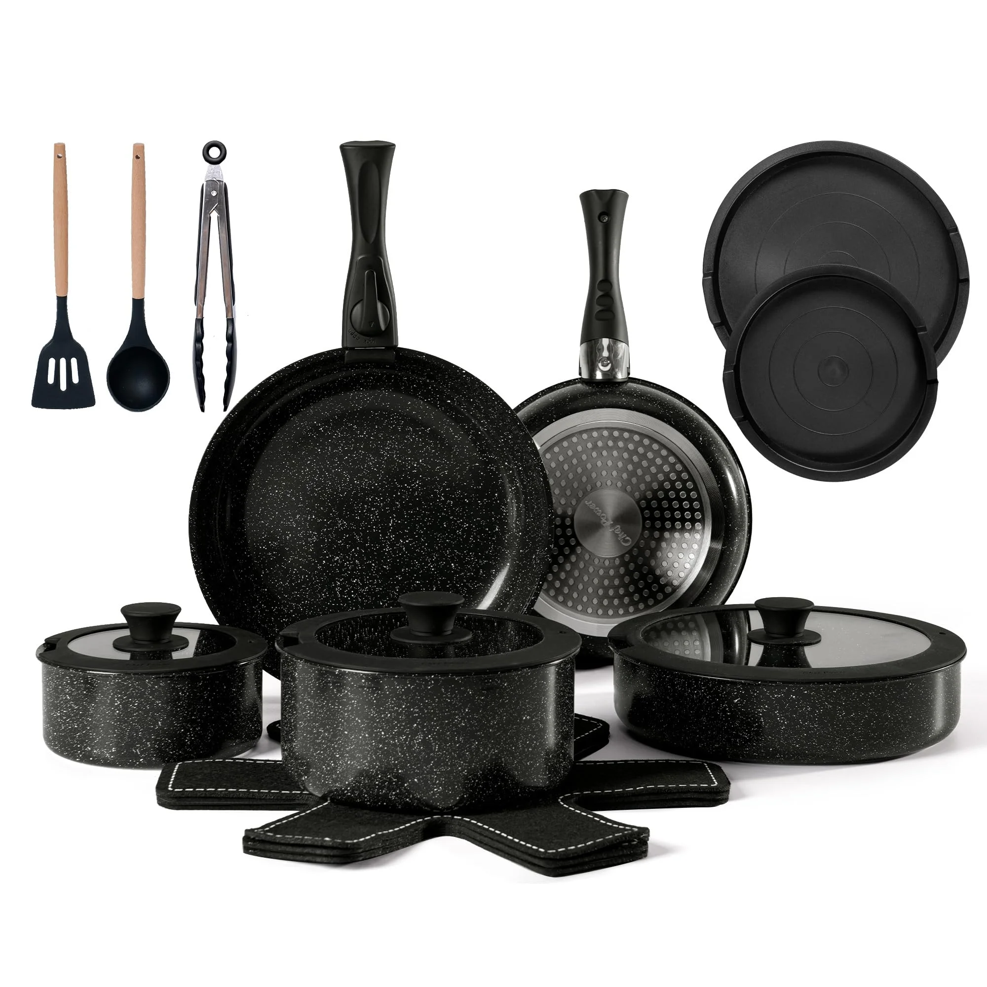 Chef Power 19-teilig Pfannenset Topfset mit abnehmbaren Griffen, Titan-Keramik-Antihaft Kochgeschirr Set, Pfanne 24/28cm, Schmorpfanne 26cm, Töpfe 16/20cm, für alle Herdarten, backofenfest, Schwarz