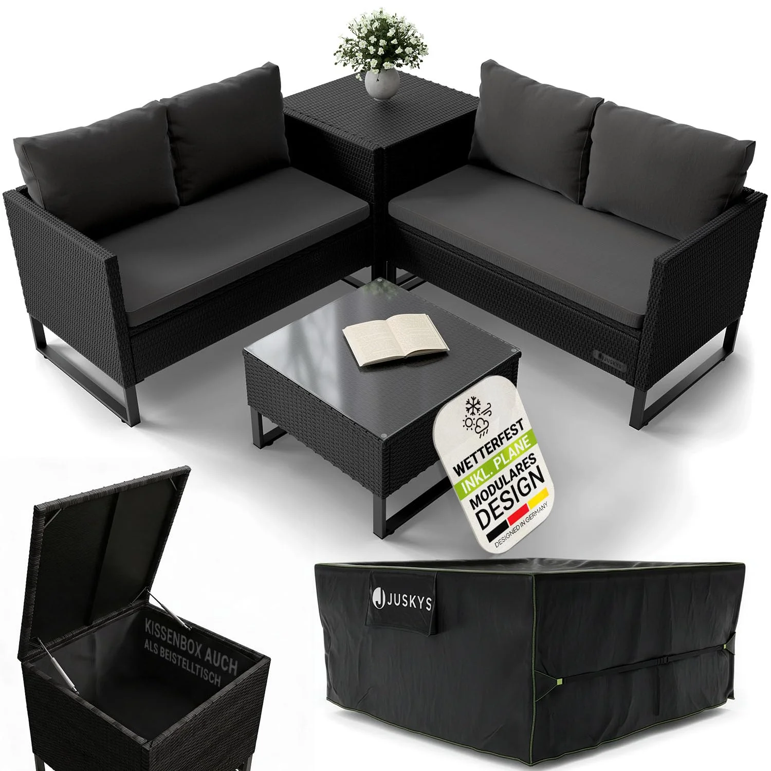 Juskys® Outdoor Polyrattan Lounge Santorini inkl. Abdeckung - Gartenlounge mit Beistelltisch & Auflagenbox - Gartenmöbel Set Rattan Sitzecke wetterfest - Schwarz