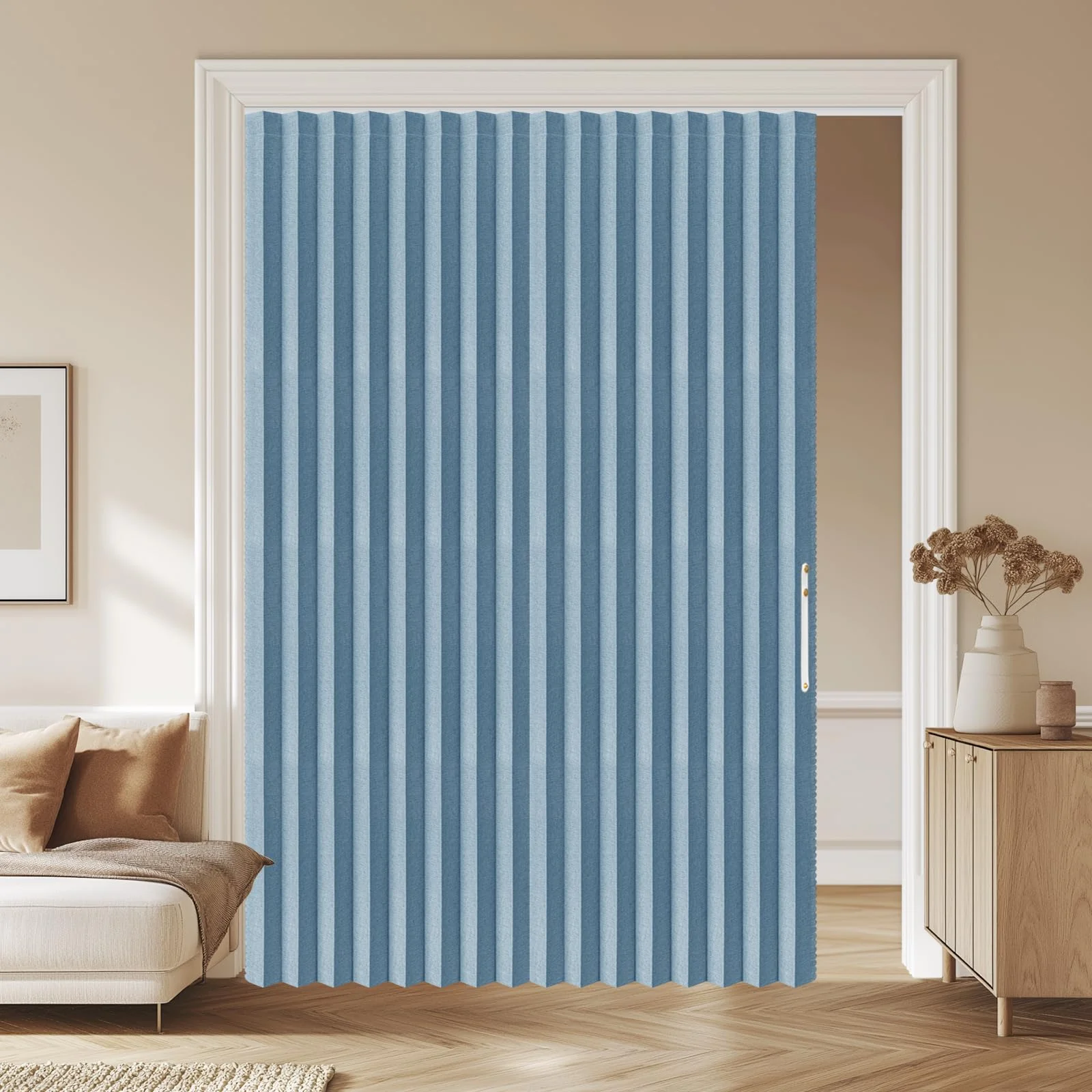 AJAZZ 100% Verdunkelung Türvorhang Ohne Bohren, Blau, B180 x H201 cm, Magnetischer Schiebetürvorhang mit Schienen, Akkordeon Faltdesign