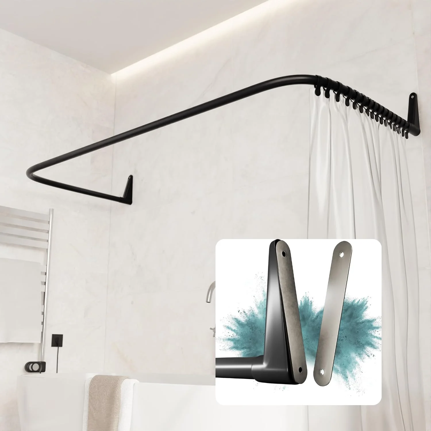 Erica Duschstange U Form, 70x165x70 cm - Ohne Boren - Montage Gegen die Wand - Eckduschstange für Badewanne ohne Halterung an der Decke - 100% Rostfrei (Schwarz + Klebebefestigung)