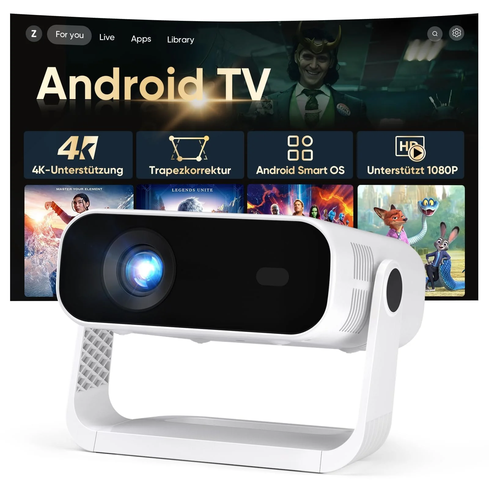 2026 Neuer Smart Mini Beamer Integrierte APP, Android 14, Unterstützt 1080P und 4K-Dekodierung, Automatische Trapezkorrektur, WiFi6 & BT5.2 ，Beamer 4K Heimkino für Handy/HDMI/PC