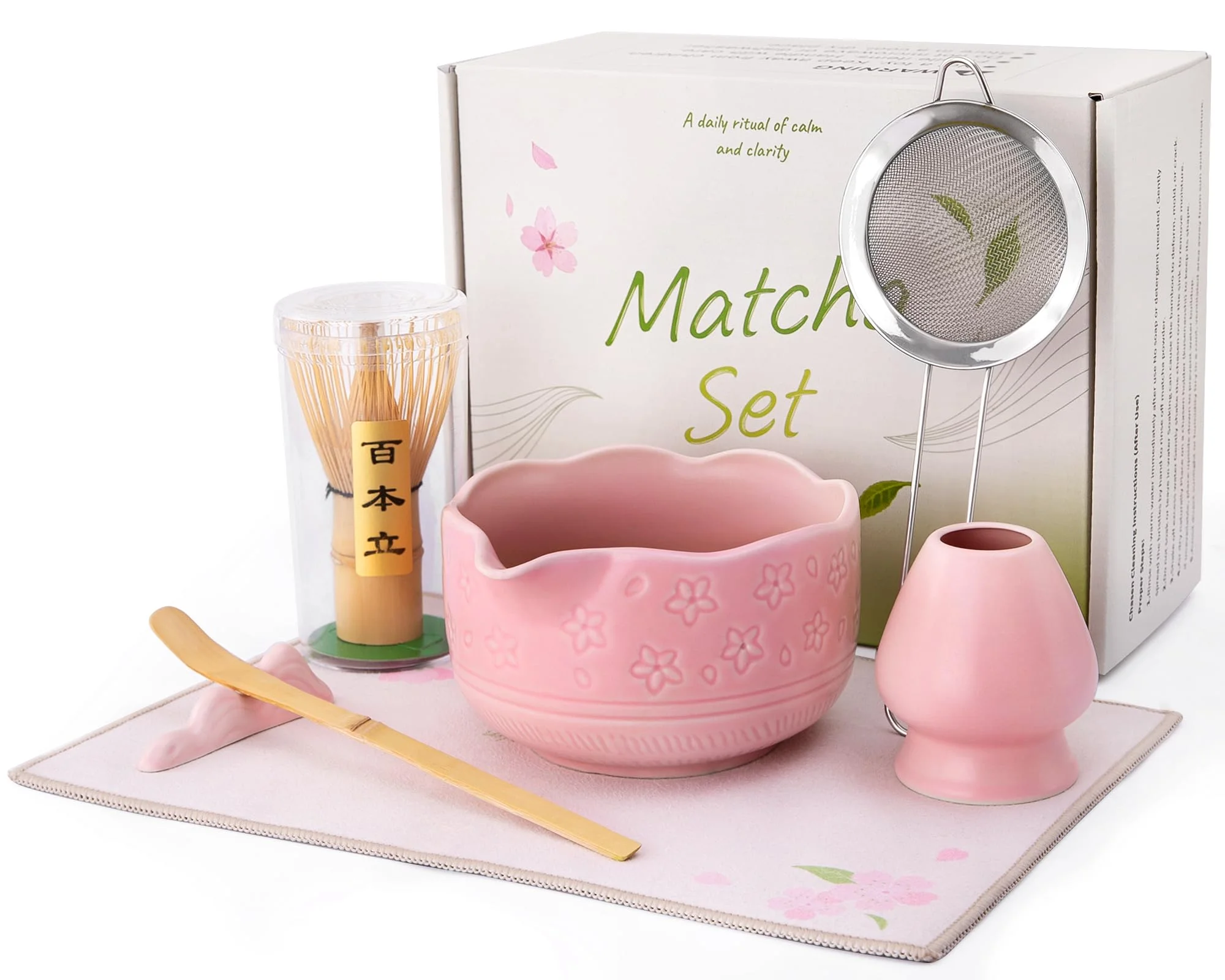 ALBISS Matcha Set, Handgefertigter Matcha Besen Set 7PCS mit Rosa Schale | Sakura-Design, Bambus Besen, Besenhalter, Löffel, Sieb, Ablage, Handtuch, Zeremonie Matcha Kit für Matcha-Liebhaber, Pink