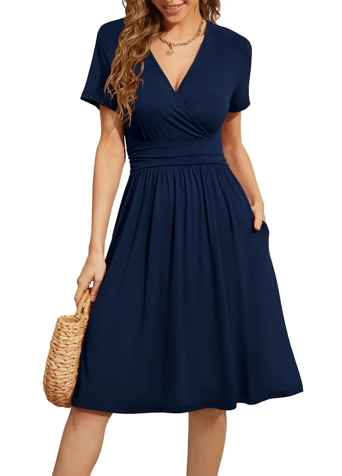 Actcat V-Ausschnitt Kleid Kurzarm Casual Kleider Sommerkleid mit Taschen | mit Taschen,Wrap,Elegant,a linie,Freizeitkleid,Floral Kleid
