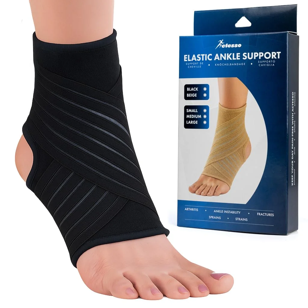 Actesso Knöchelbandage Sprunggelenkbandage für Sport & Alltag | Fußgelenk Bandage mit Kompression bei Verstauchung, Training und täglicher Belastung, für Alltag und Sport (Schwarz, Klein)