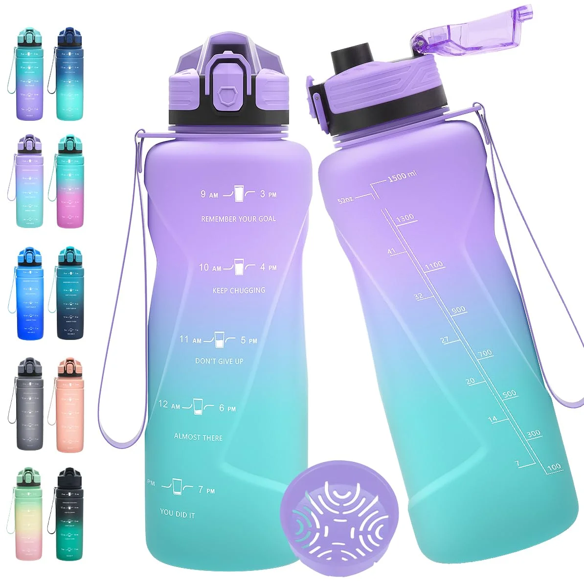 Expansea Trinkflasche 1L/500ml/ 700ml/1500ml Sportflasche, BPA-frei Tritan Trinkflasche Sport Auslaufsicher mit Zeitmarkierung - Wasserflasche für Fitness, Fahrrad, Outdoor, Yoga, Gym, Schule