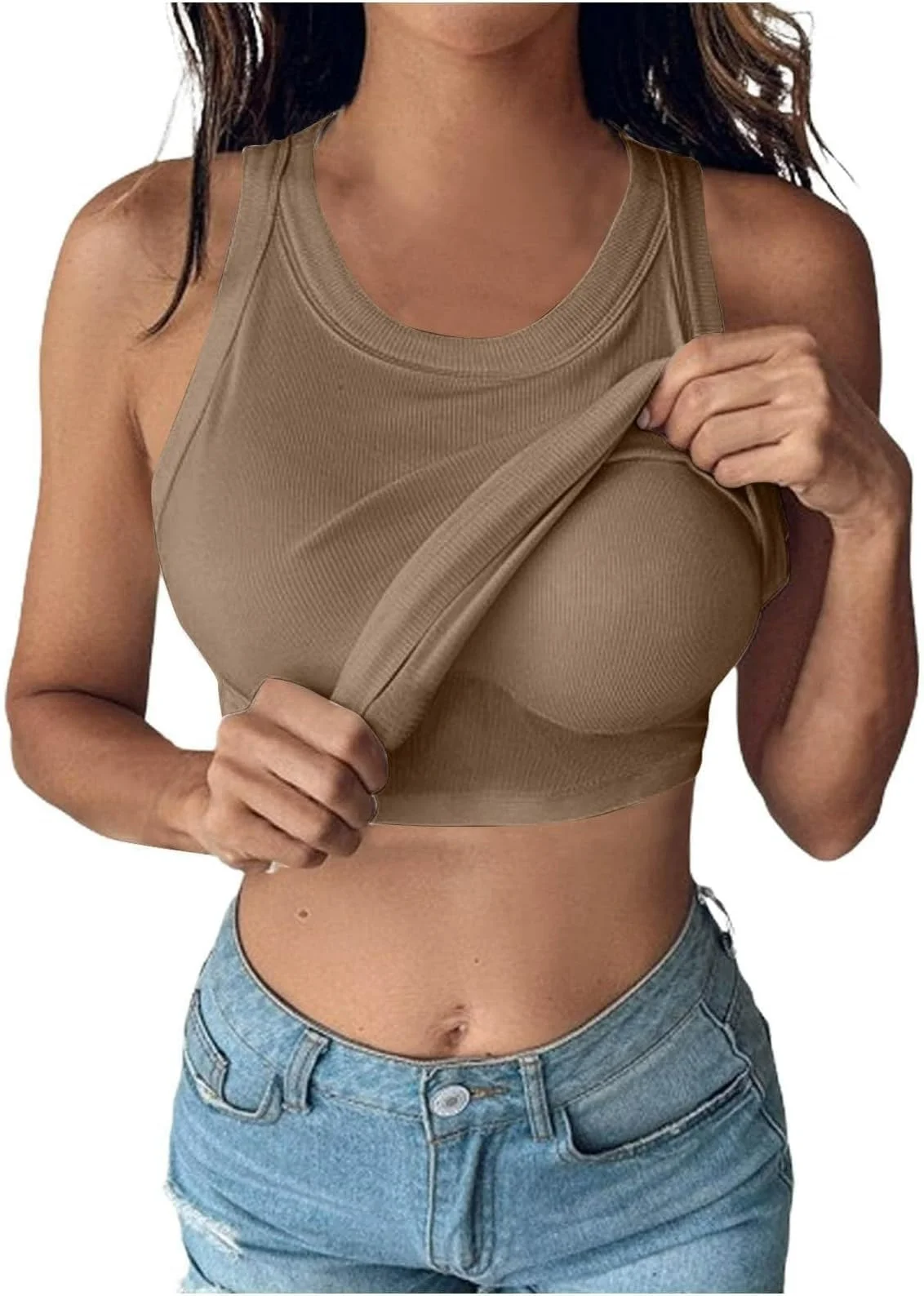BUNSLOOM Tank Top mit BH Damen Eingebauter Gerippt Slim Fit Rundhals Tops
