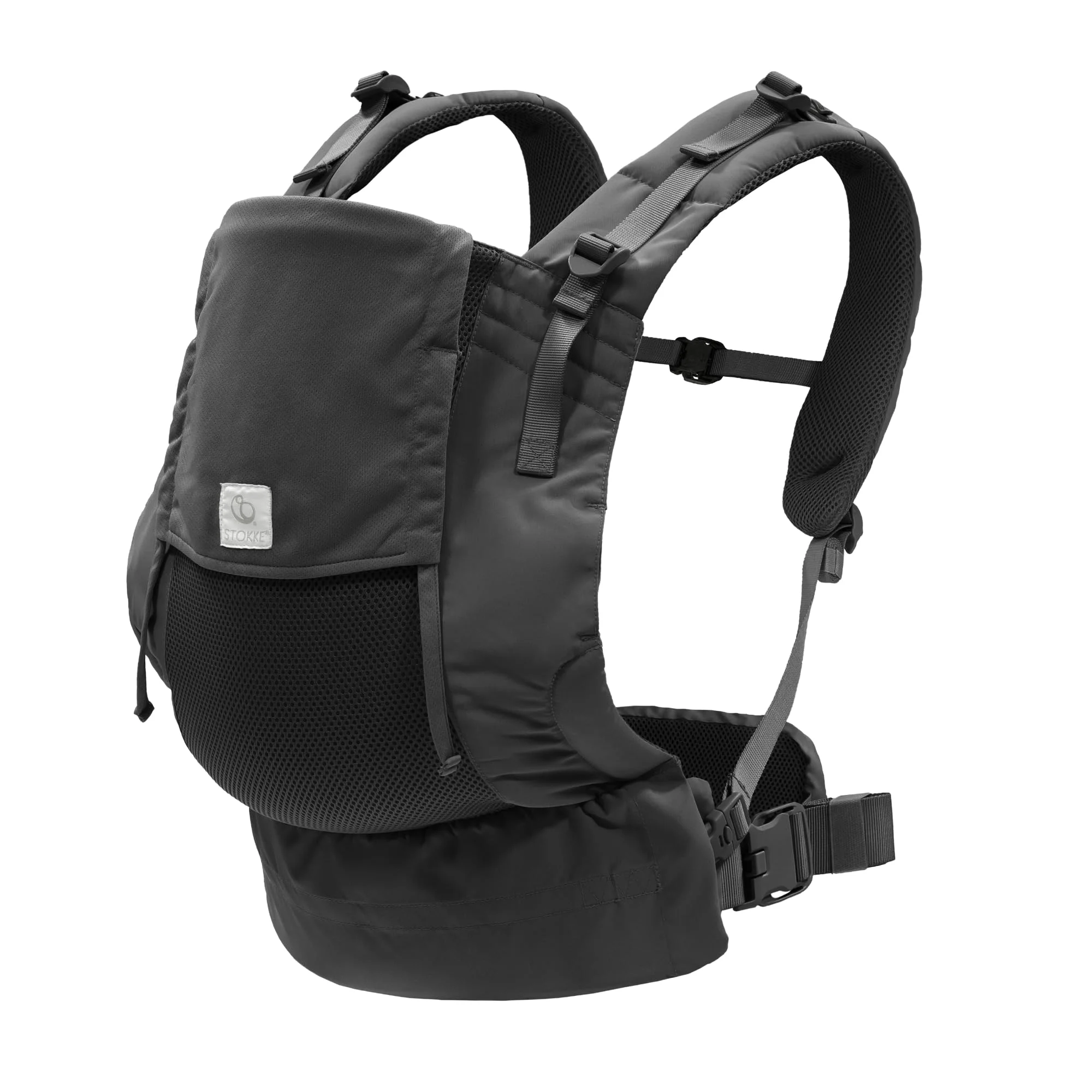 Stokke Limas Mesh, Anthrazit – atmungsaktive Babytrage, 4–15 kg | Mit Hochleistungsstoffen - Sicher für Babys ab 1 Monat - Inklusive abnehmbarem Beutel für das Nötigste