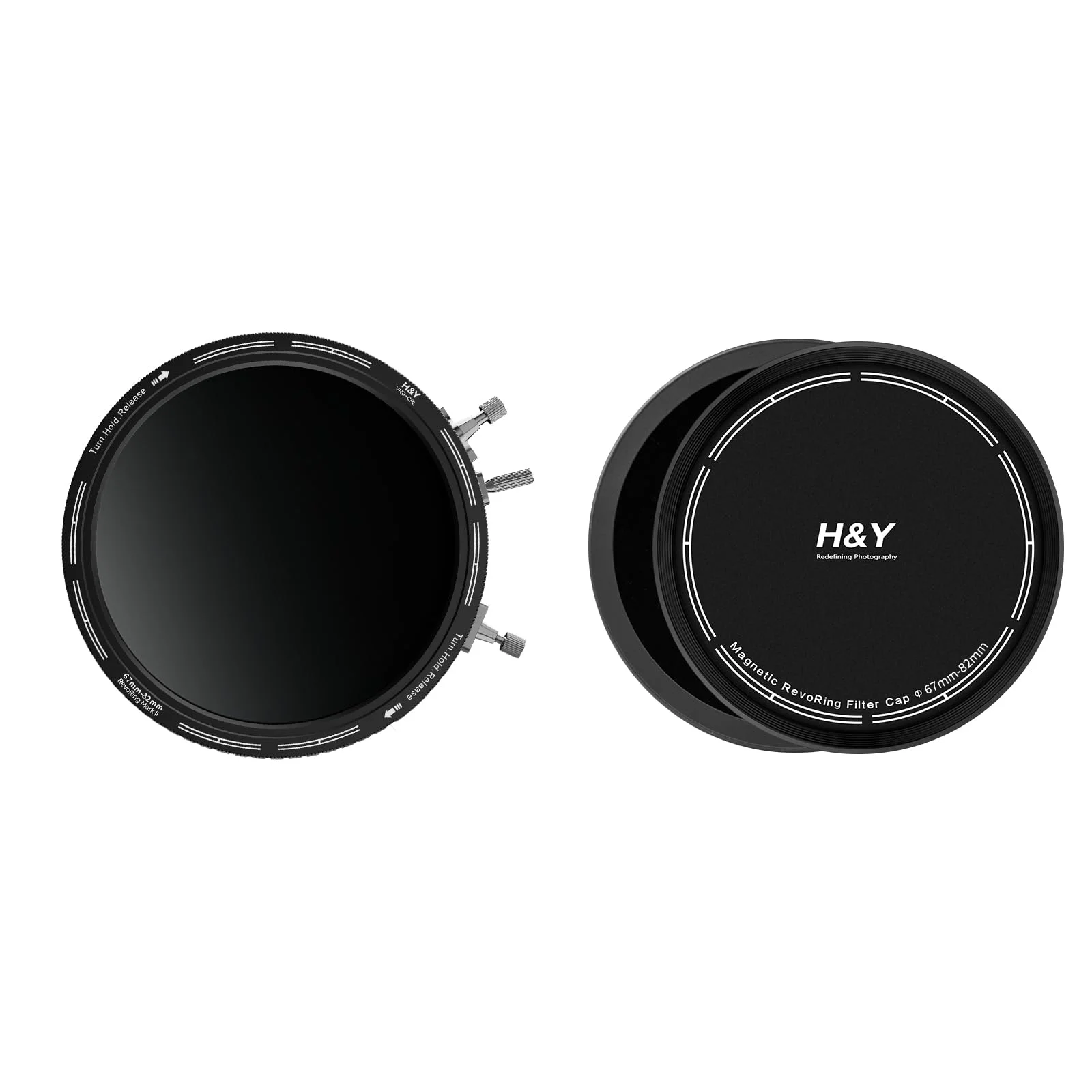 H&Y RevoRing Mark II 3-in-1 Filterset 67–82 mm mit einstellbarem variablem ND3-1000- und CPL-Polarisationsfilter, integriertem Adapterring und Schutzkappen vorne und hinten