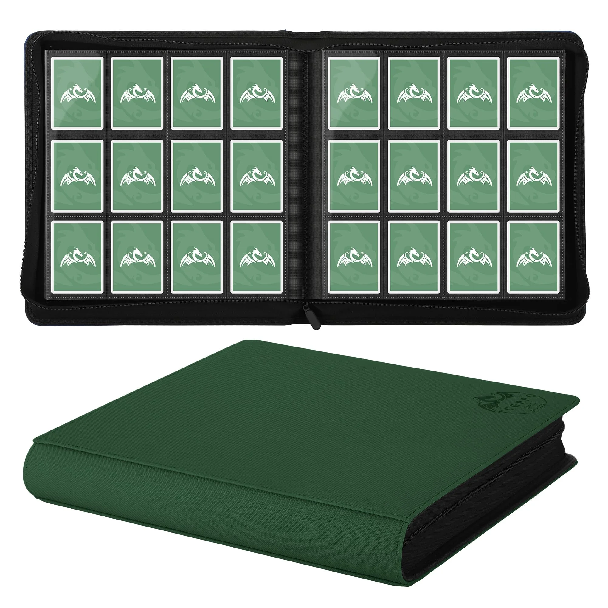 TCGPRO Sammelkarten Album 12 Fächer für bis zu 720, Karten Binder mit Reißverschluss seitlich für Standardgröße, Sammelkartenalbum für Sammelkartenspiele, Sportkarten, TCG etc. Dunkelgrün