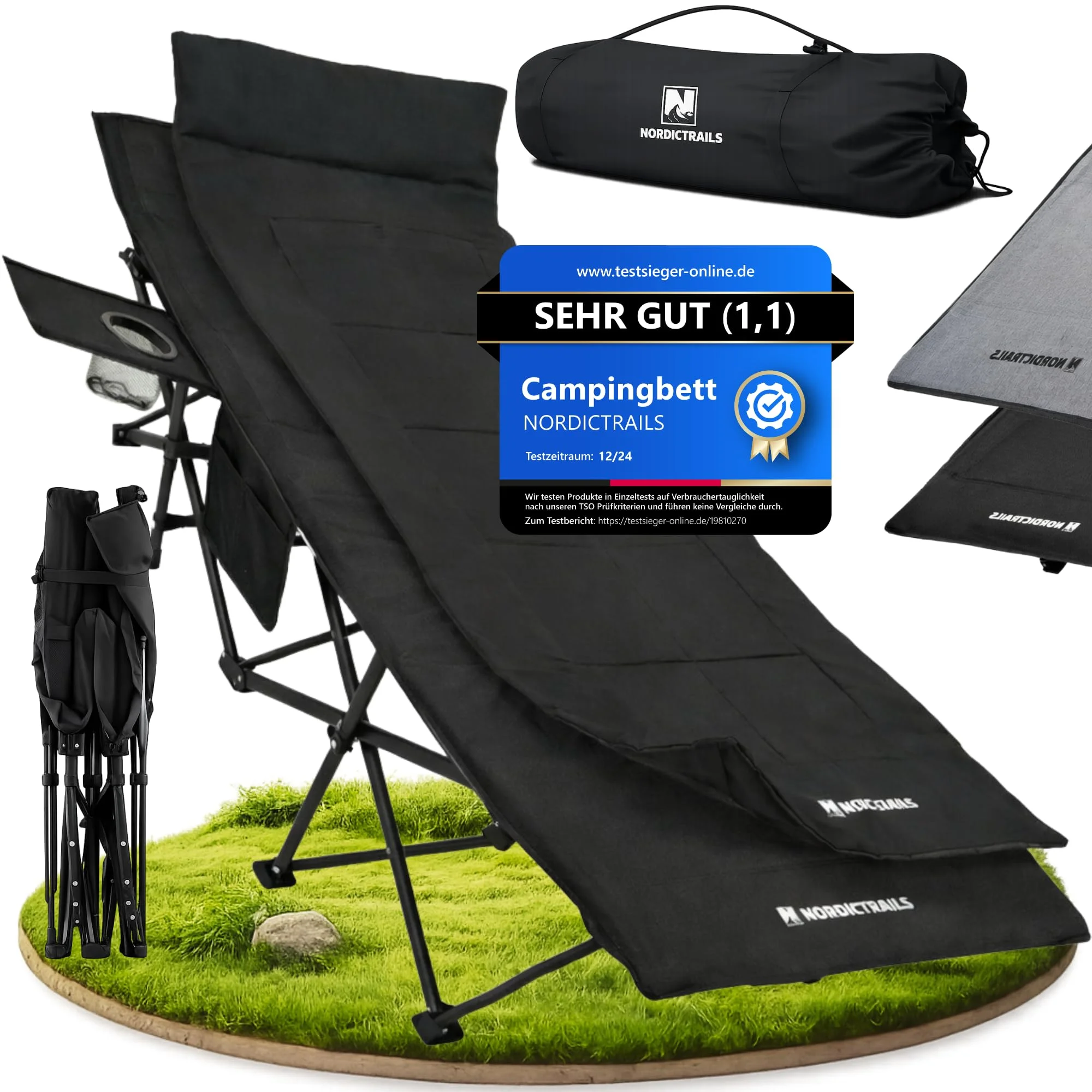 Feldbett klappbar in 10 Sek aufgebaut – NORDICTRAILS XXL Camping Bett Liege | FAZ Testsieger · Bis 200 kg belastbar & 80 cm breit · Bequemes Feldbett mit Matratze & Auflage · Karpfenliege & Campingliege