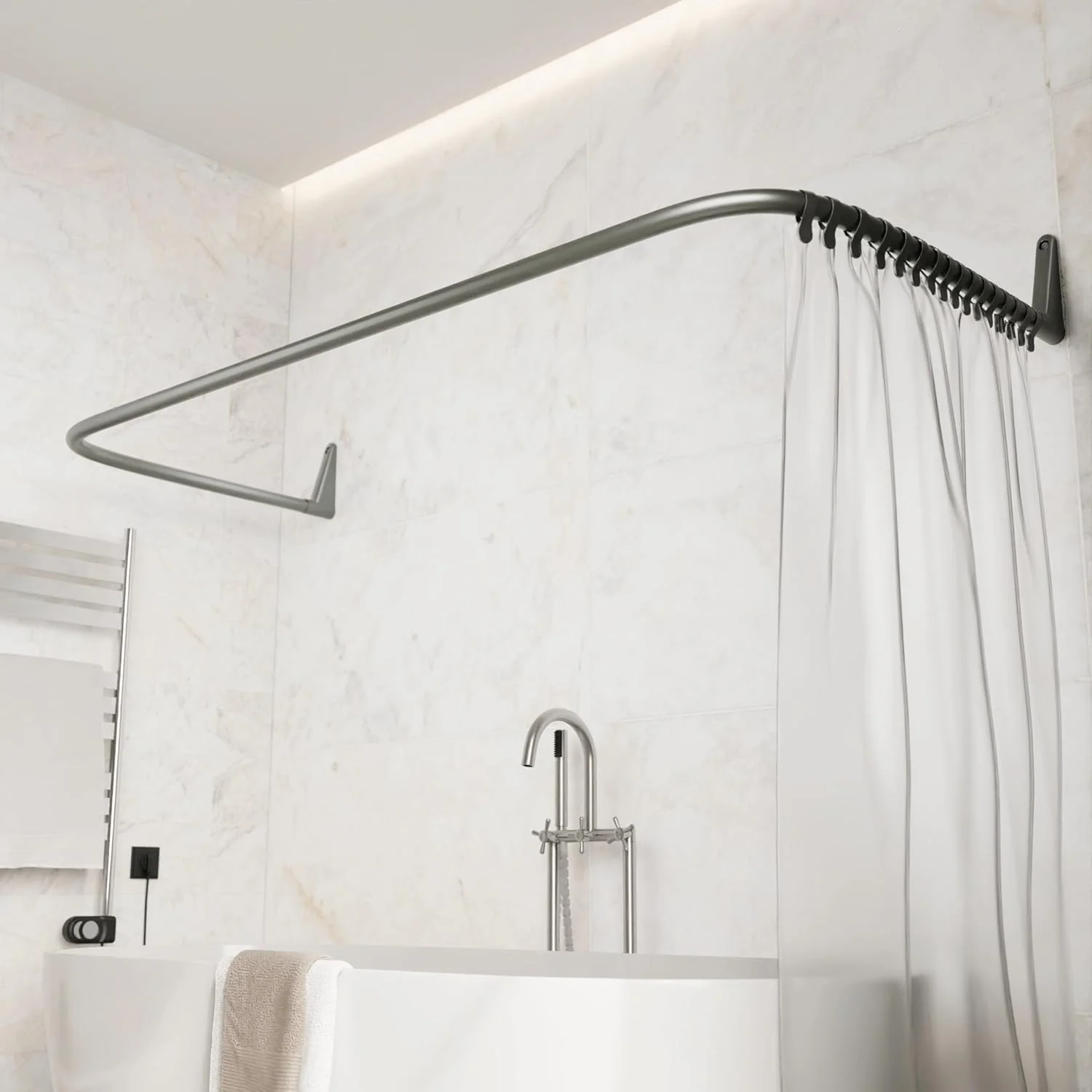 Erica Verstellbare U-förmige Duschvorhangstange für die Badewanne – Grau | Maße – 70x165x70 cm, Wandmontierte Duschstange, Keine Deckenbefestigung Erforderlich, Grau Pulverbeschichteter Stahl