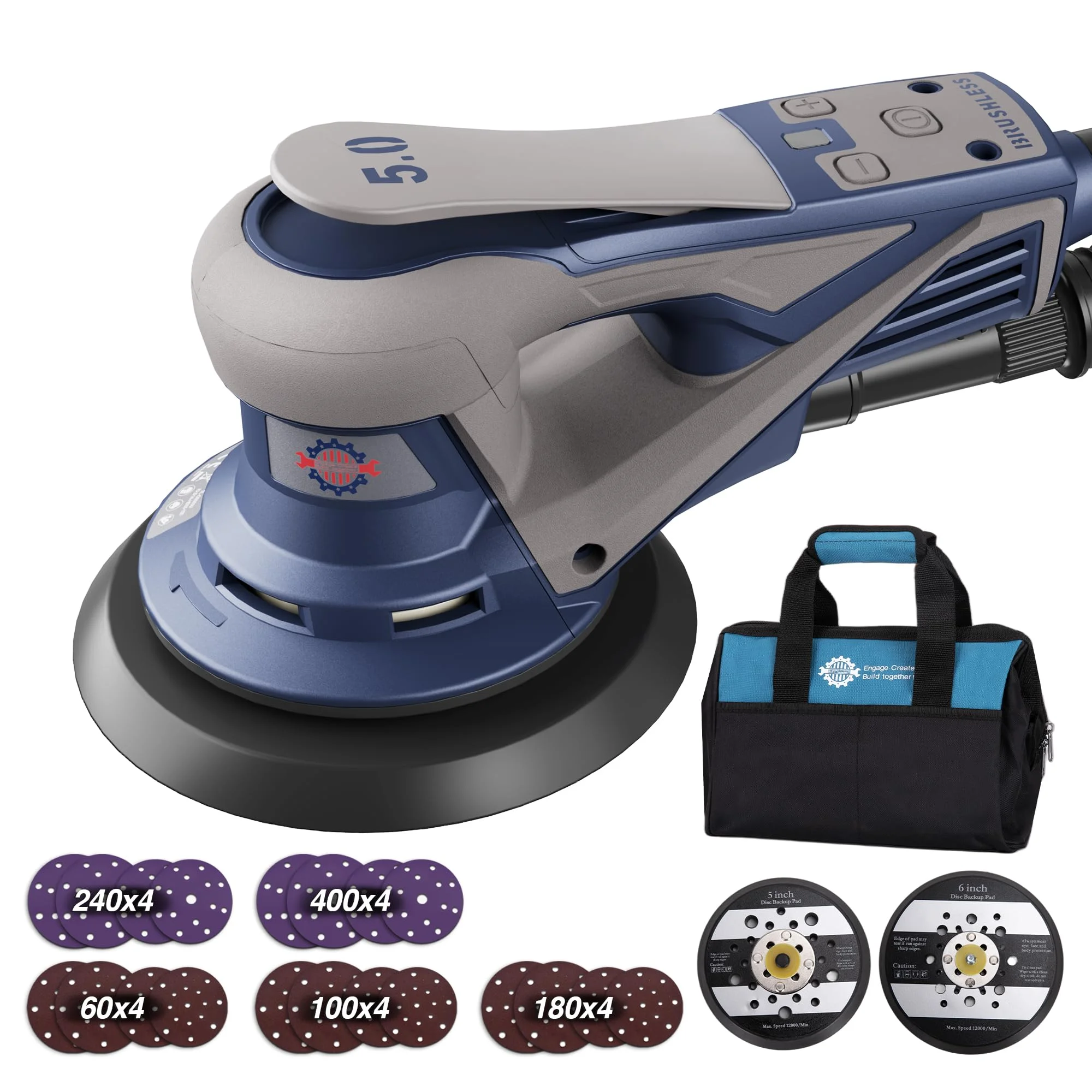 TurboVolt Bürstenloser Exzenterschleifer mit 125mm/150mm Schleifteller, 350W Schleifmaschine für Holz mit 20 Schleifpapier, 7-Stufiger Drehzahlregelung bis 10.000 U/min, Tragkoffer