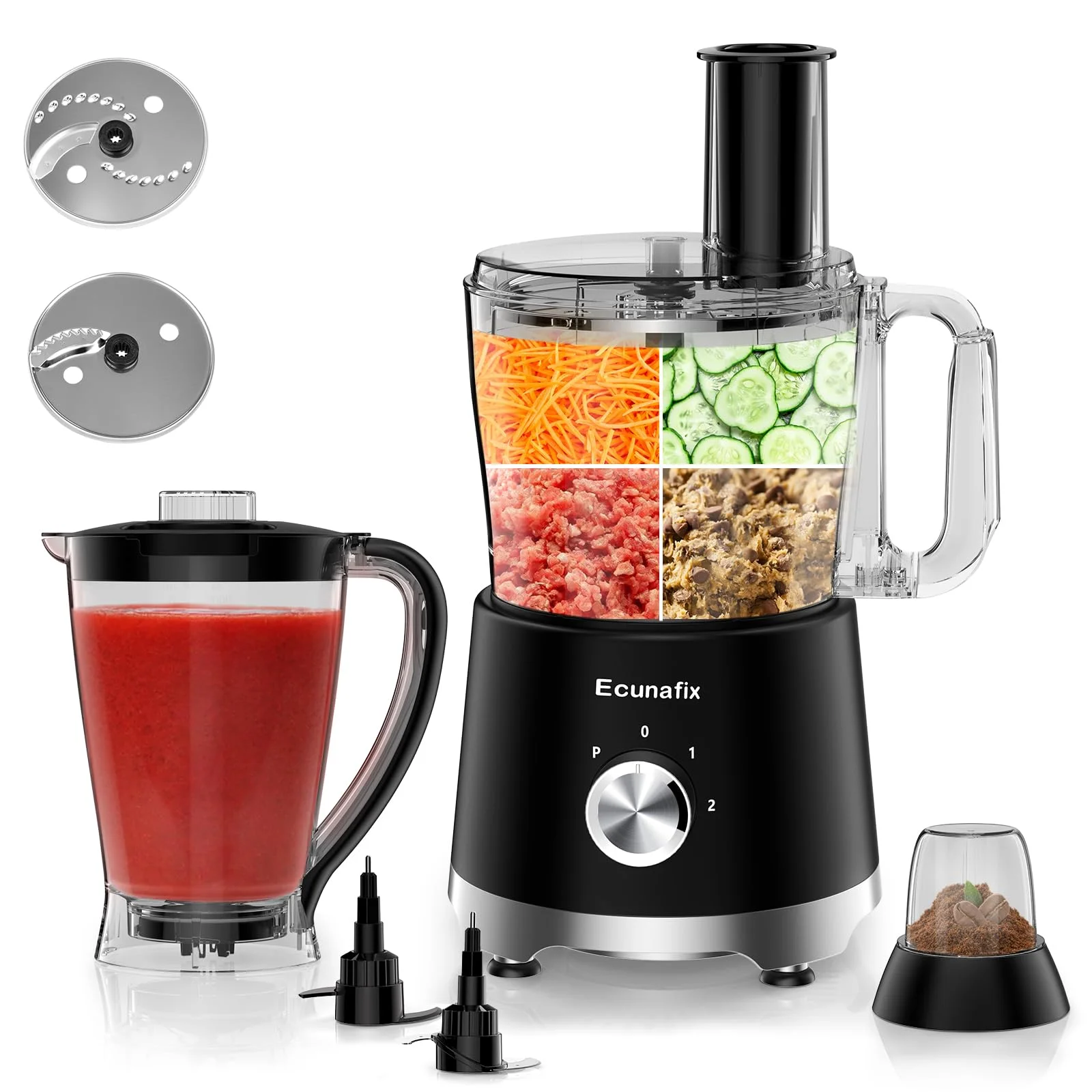 Küchenmaschine & Zerkleinerer 1500 W, 2,5L, Food Processor mit 2L Standmixer, 200ML Kaffeemühle für Entsafter, Eiskrümelung, Mahlen, Hacken, Schneiden und Zubereitung von Pasten, Schwarz