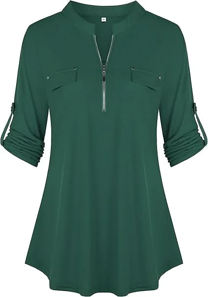 BDTECAOR Bluse Damen 3/4 Arm Elegant Oberteile V Ausschnitt Arbeit Shirt | Business Casual Bluse mit Reißverschluss, Aufrollbaren Dreiviertelarm, Leicht & Bügelfrei, ideal für Büro und Geschäftsreisen