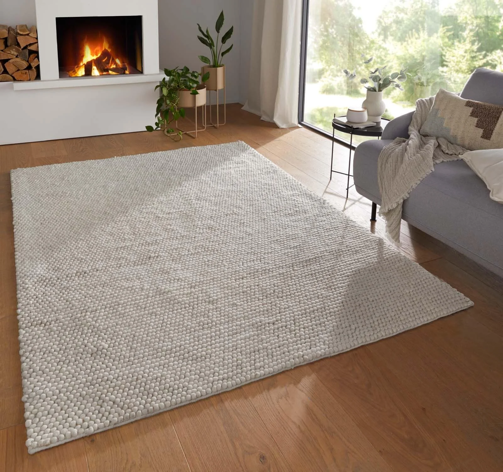 Taracarpet Moderner Landhaus Wollteppich gewalkt Bubble fürs Wohnzimmer, Schlafzimmer und Esszimmer Teppich aus Schurwolle nachhaltig weiß 240x340 cm