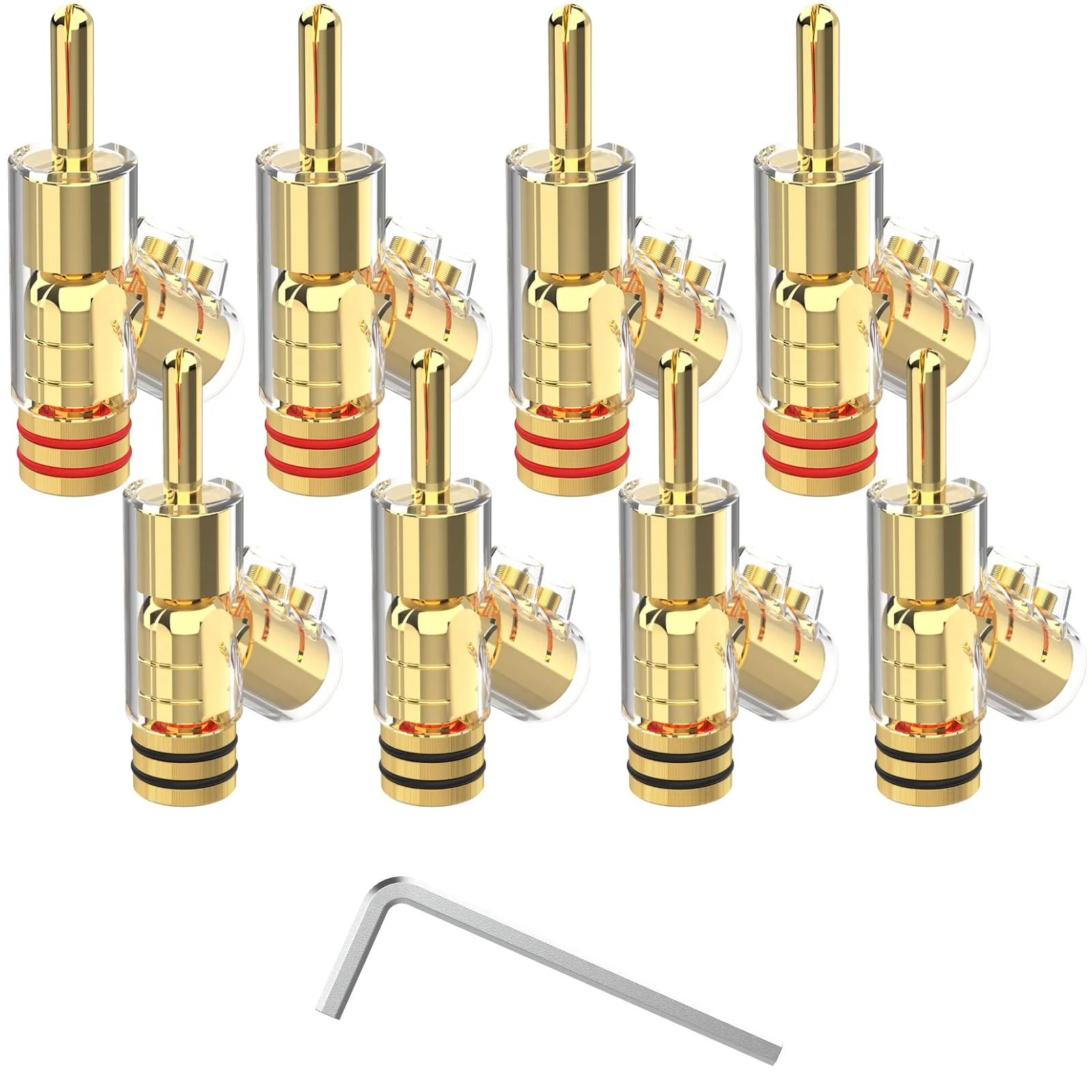 Monosaudio BA1403G Winkel-Bananenstecker, 24K Vergoldet, 8er Pack | Selbstsichernd, Für HiFi Lautsprecher, Verstärker & AV-Receiver, 8–15 AWG