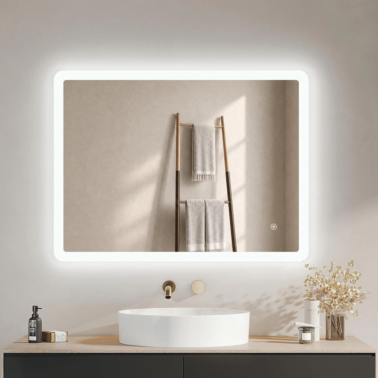 IMPTS Badspiegel mit Beleuchtung 80x60cm LED Spiegel Bad Dimmbar | Badezimmerspiegel mit Touchschalter, Badezimmer Wandspiegel mit Licht, Kaltweiß 6500K, Wasserdicht IP44