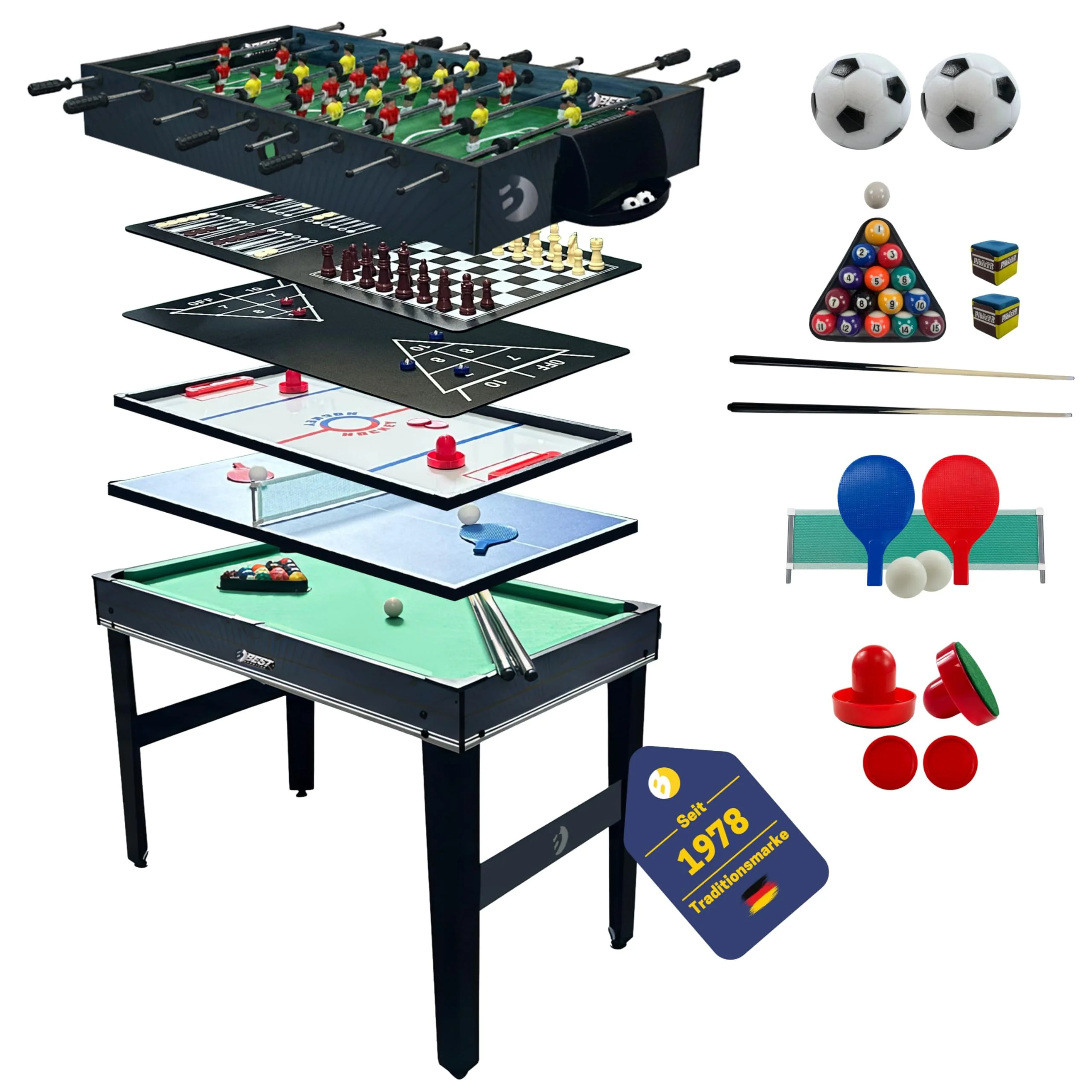 Best Sporting 10 in 1 Tischkicker, Spieltisch, Multifunktionstisch für Kinder & Erwachsene - inkl. Air Hockey, Tischtennis, Billardtisch, Tischfußball, Shuffleboard, Schach & Zubehör