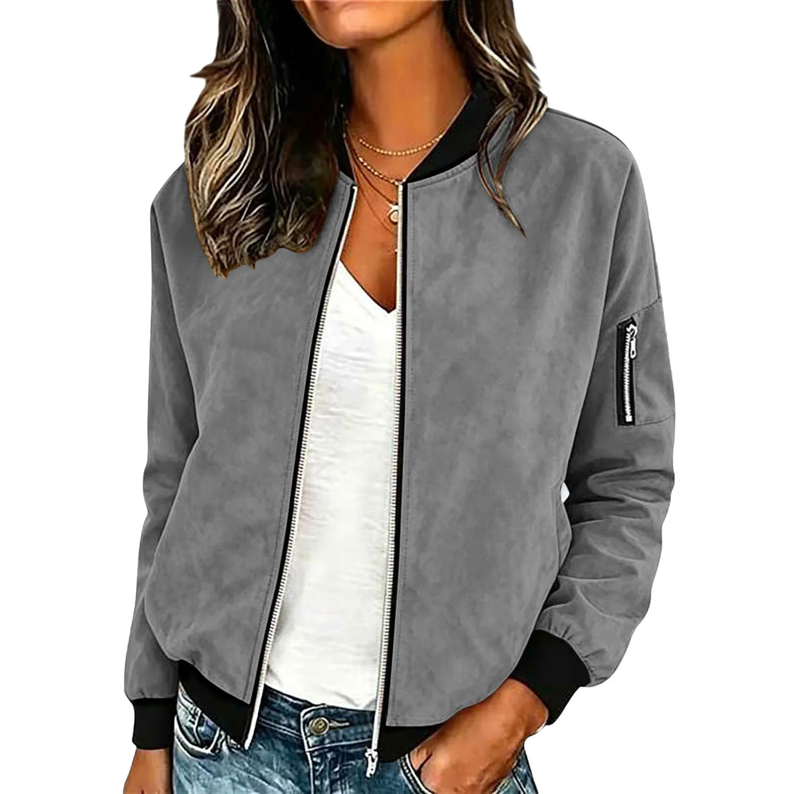 Generisch Bomberjacke Damen Kurz Wildlederjacke Übergangsjacke Langarm Pilotenjacke Leichte Herbstjacke Reißverschluss Blouson Dünne Jacke Wanderjacke Casual Sweatjacke Einfarbig Fliegerjacke