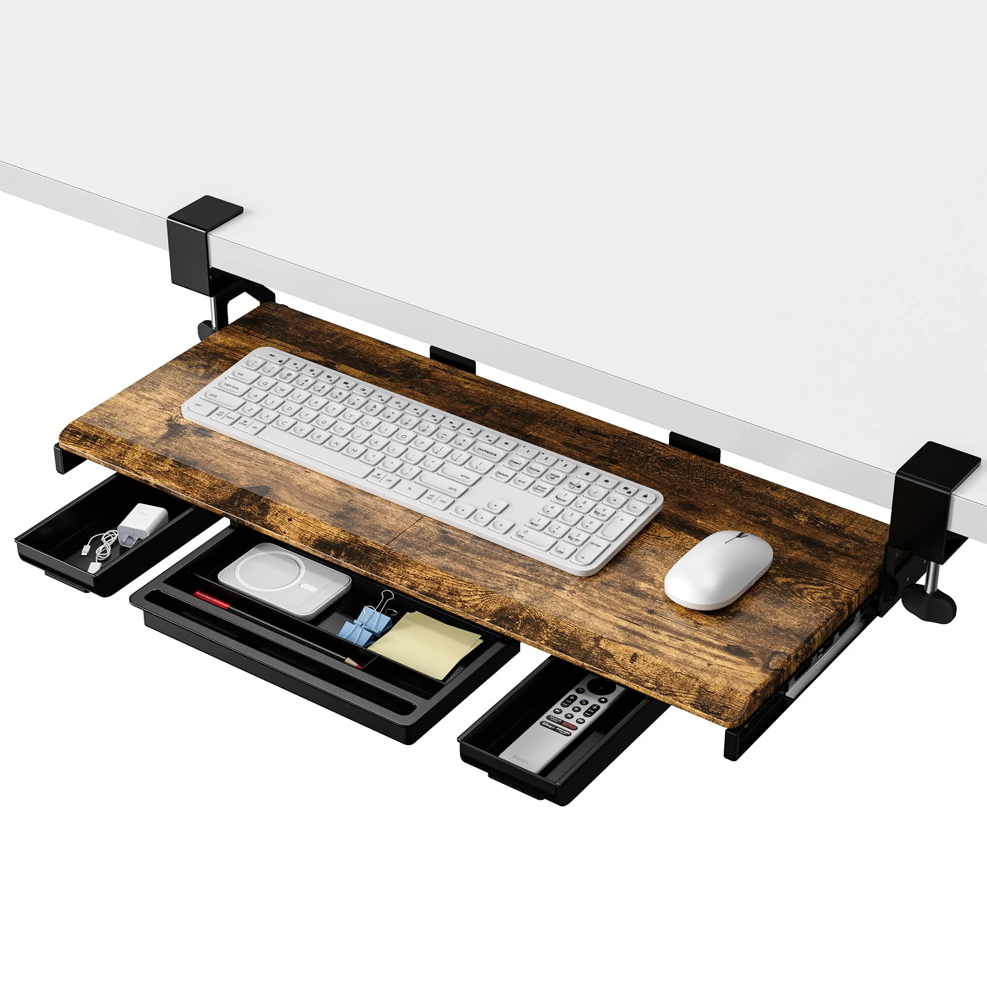 ETHU Tastaturauszug unter dem Schreibtisch, 68 x 30 cm Ausziehbarer Tastatur Halterung mit C-Klemme, Ergonomischer Schreibtisch-Tastaturauszug für Zuhause und Büro (Holz)