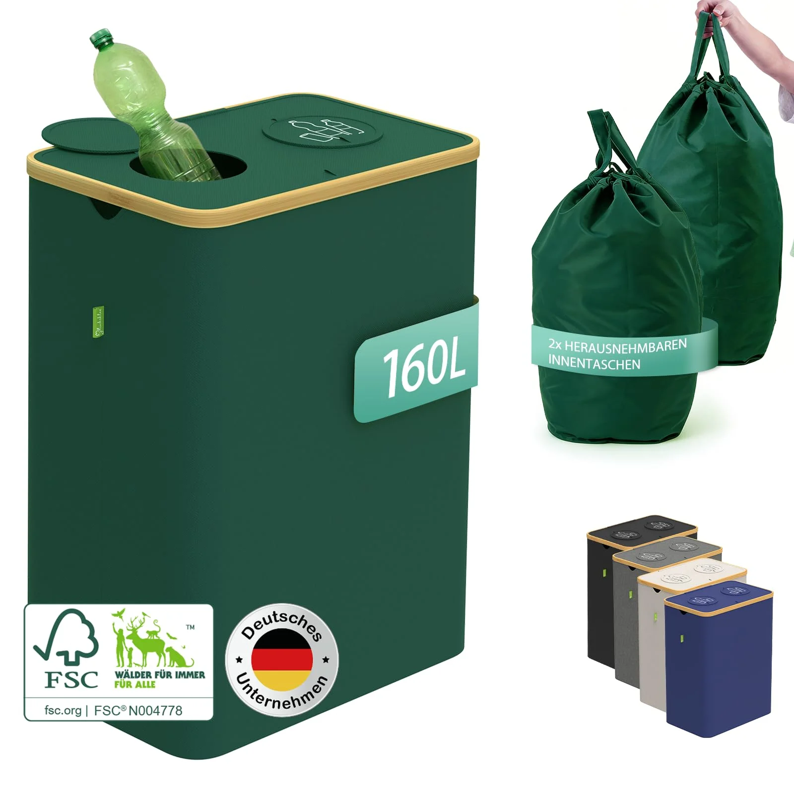 Glücksklee Pfandflaschen Sammelbehälter 160L mit zwei Fächern und FSC-zertifiziertem Bambus (Grün)