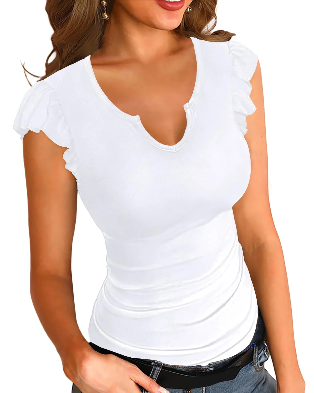 Basicspace Damen Sommer Kurzarm Rüschenmanschette Slim Casual Stretch V-Ausschnitt T Shirt Elegant Sexy Fit Basic Ribbed Top