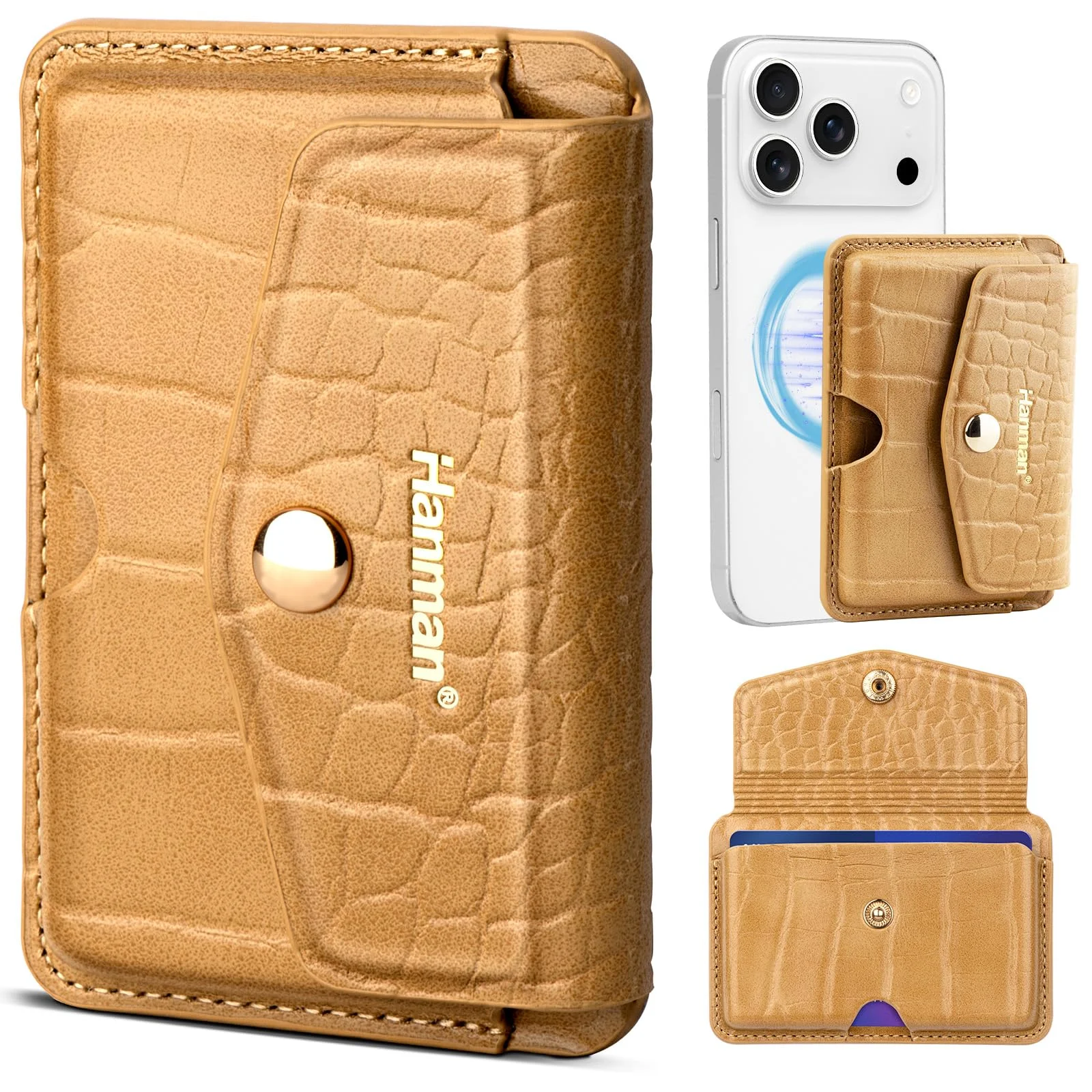 Hanman Magnetischer Kartenhalter, kompatibel mit iPhone 17/16/15/14/13/12 Serie, magnetischer Kartenhalter aus Leder mit Metallverschluss, hält bis zu 4 Karten, Desert Ode, Compatible with iPhone 17