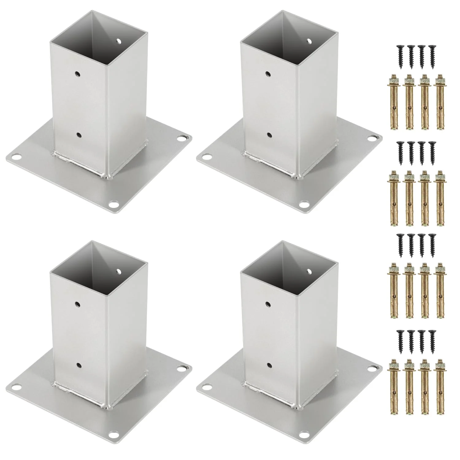 Eulenke Pfostenträger Aufschraubhülse | Geeignet für Vierkantholzpfosten 80x80mm | Hochwertiger Anker | Feuerverzinkt | Silber, 4 Stück/Set