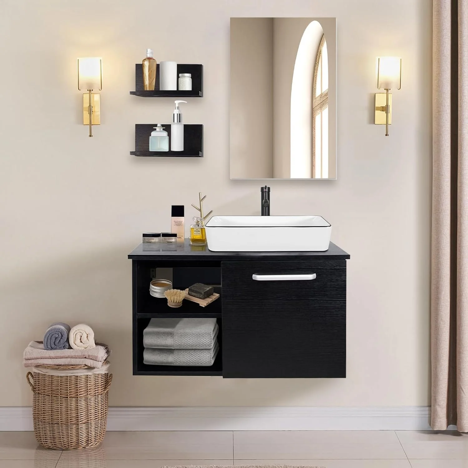 ARTETHYS Badmöbel Set Waschbecken Waschtisch mit Unterschrank Waschbeckenunterschrank und Spiegel, Badezimmermöbel mit Badezimmerschrank hängend, Wandregal, Aufsatz-Waschbecken(Weiß)