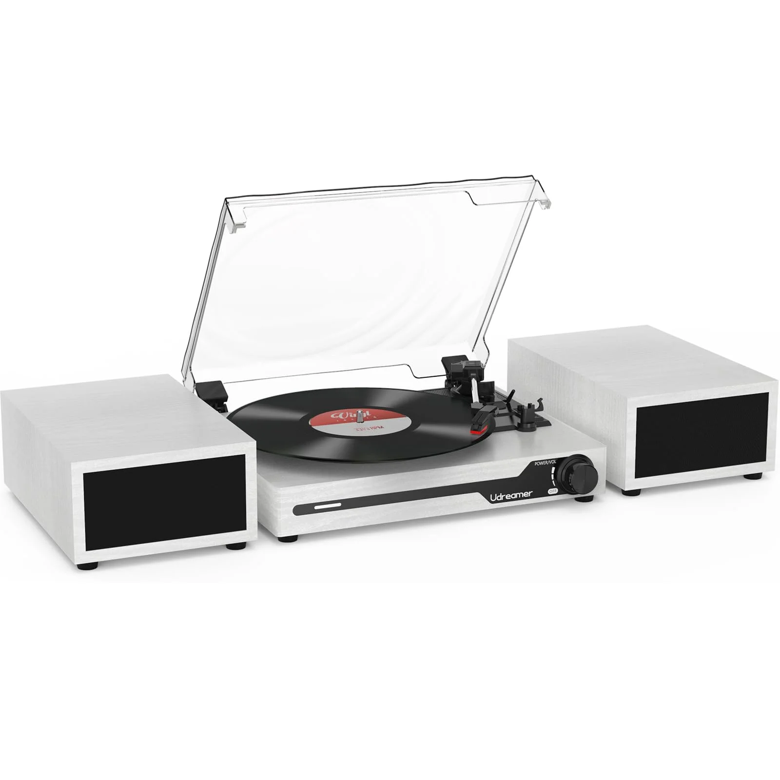 Udreamer Plattenspieler mit 2 Dual-Stereo-Lautsprechern, Vintage Plattenspieler Bluetooth 5.3 unterstützt 3 Geschwindigkeiten, AUX-In, Cinch-Line, USB, kabellose Wiedergabe, Weiß