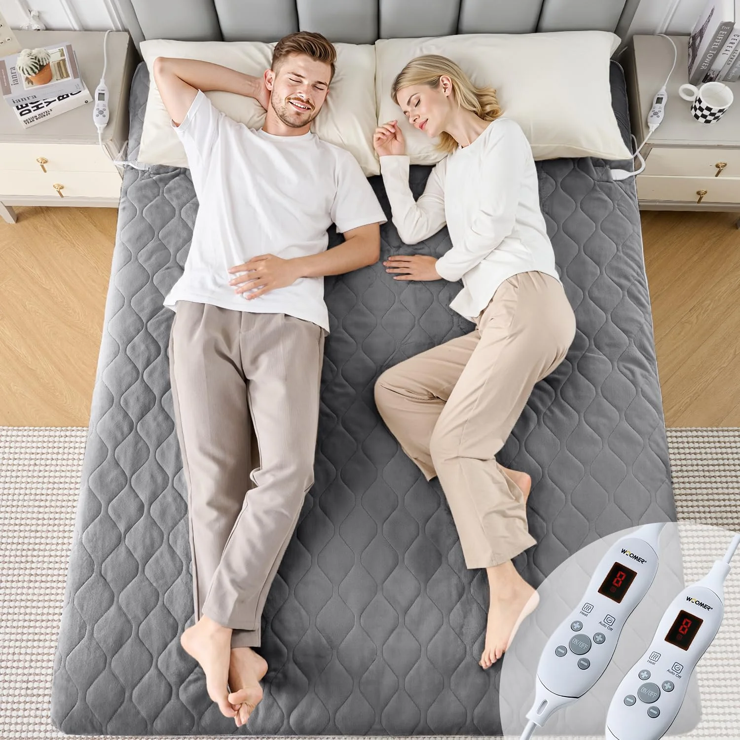 WOOMER Elektrische Wärmeunterbett mit Abschaltautomatik,200GSM/Samt Heizdecke mit 12h-Timer, 10-Stufen, Überhitzungsschutz, 5,8m Kabel, Für Matratzen bis 45cm / Waschbar/Dunkelgrau 135×190cm