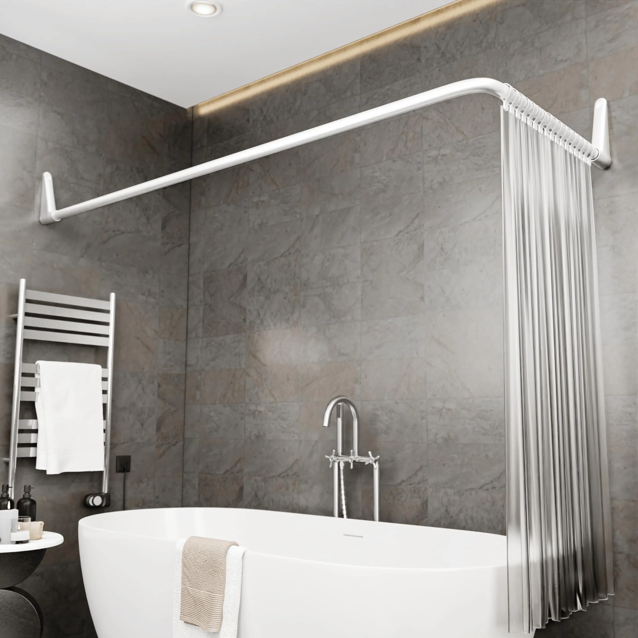 Erica verstellbare L-förmige Duschvorhangstange für die Badewanne – Weiß | Drei Ausführungen – 70x90 cm / 70x160 cm / 90x140 cm, Duschstange zur Wandmontage, Weiß Pulverbeschichteter Stahl