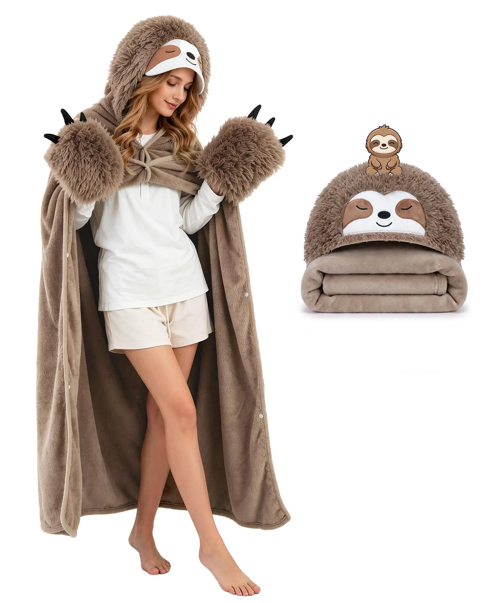 SQEQE Tragbare Decken mit Kapuze und Handschuhen Hoodie Decke Sofadecke Cartoon Kuscheldecke für Damen und Herren 150x130cm