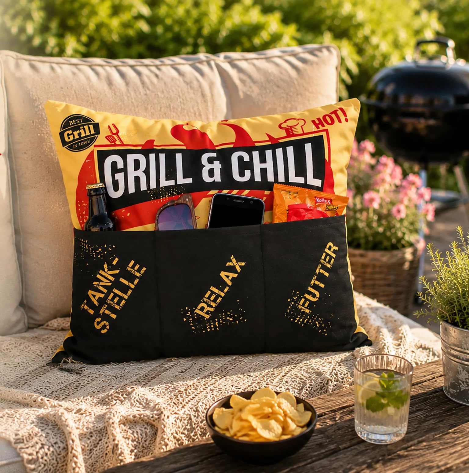 KAMACA Grill & Chill Outdoor Kissen mit 3 Taschen 43x43 cm wasserabweisend