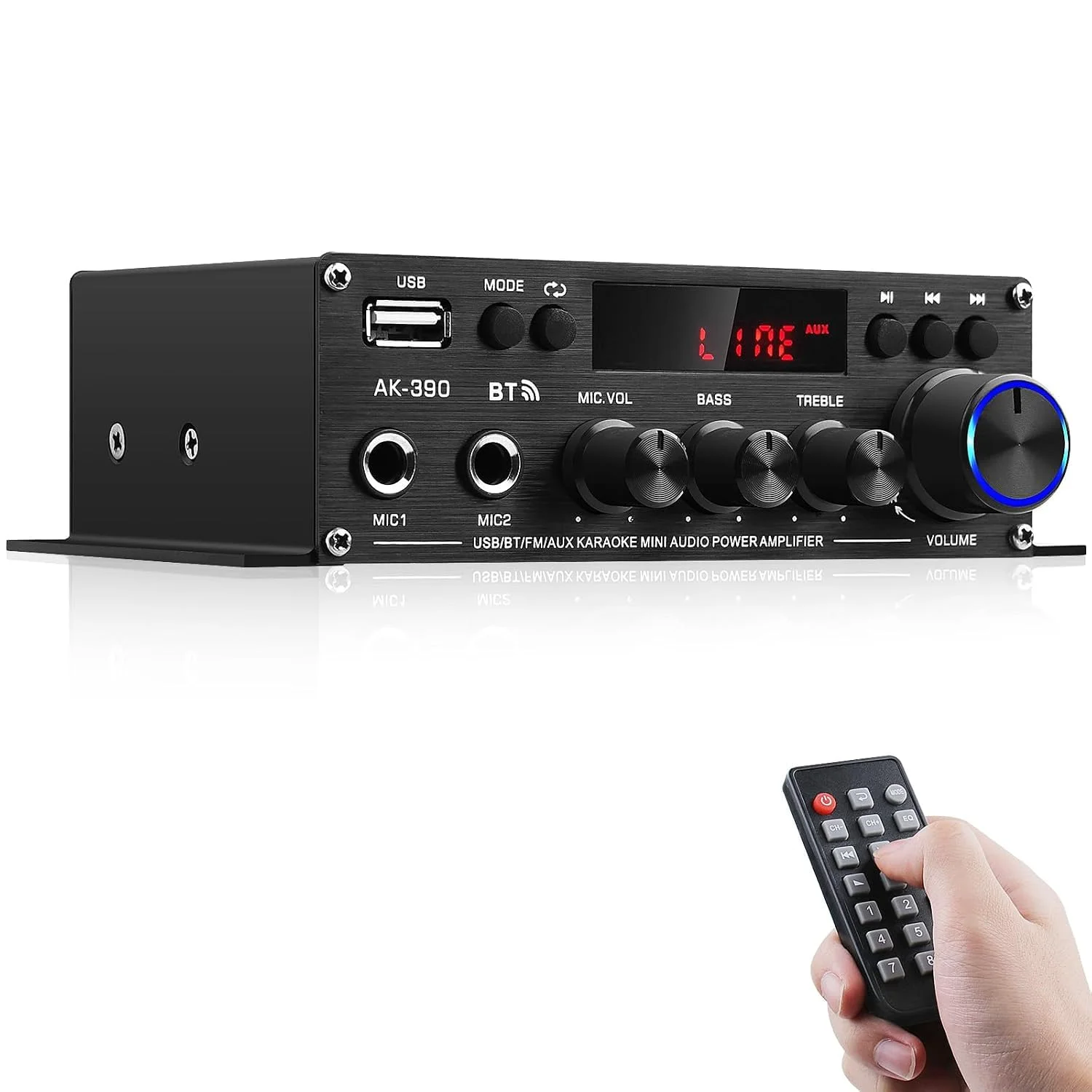 HiFi Stereo Verstärker Empfänger für Home Lautsprecher, AK-390 Bluetooth5.0 | Mini Audio Amp 2.0 Kanal RMS 40W X 2 Audio Component Verstärker mit 12V/5A Adapter, FM Radio, (BT, USB, AUX, Mic) Eingang