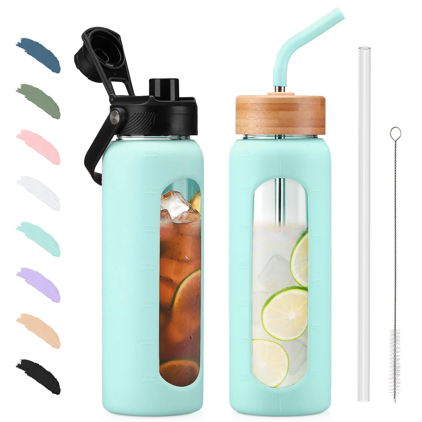 BLUEGO 700ml Glaswasserflasche mit Strohhalm und 2 Deckeln Kaffeetasse aus Glas mit Zeitmarkierung und Silikonschutz Glasbecher für Getränke Soda Cola BPA-frei, Dunkelblau
