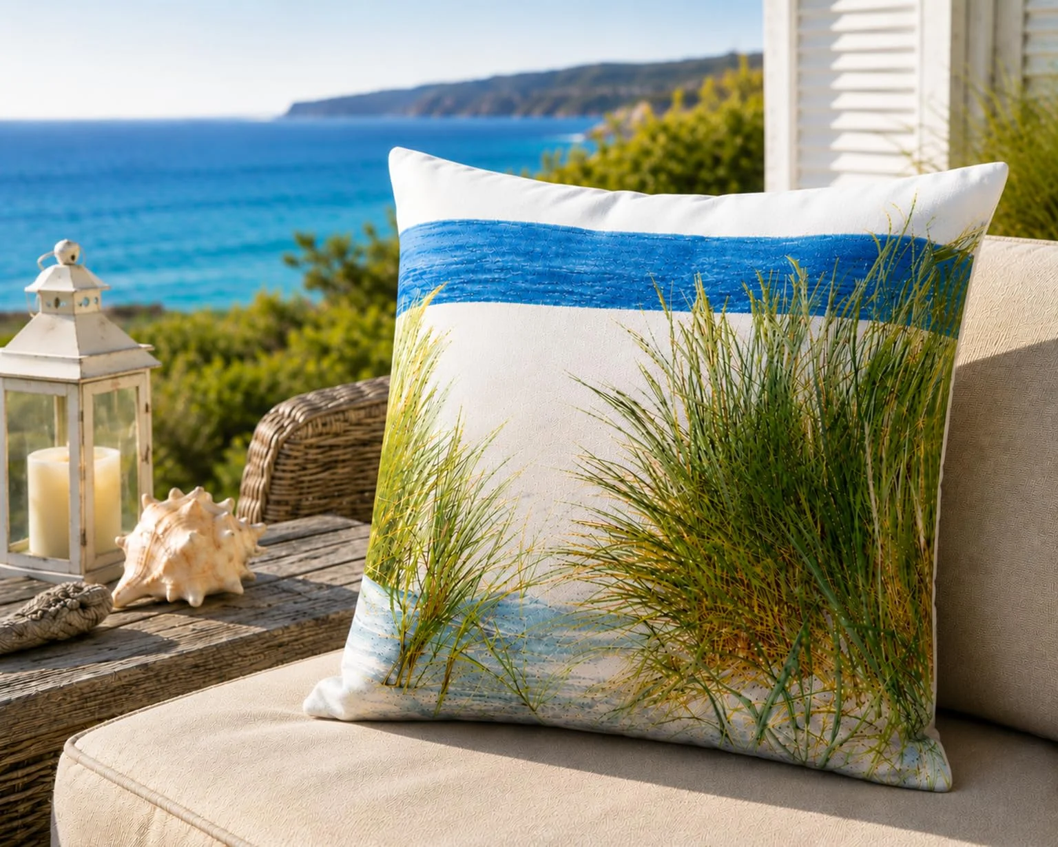 KAMACA Outdoor Kissen Dünentraum 45x45 cm – Maritimes Dekokissen mit Dünen- & Strandmotiv – 370 g Füllung – Wasserabweisend, schmutzabweisend – Gartenkissen für Balkon, Terrasse & Camping