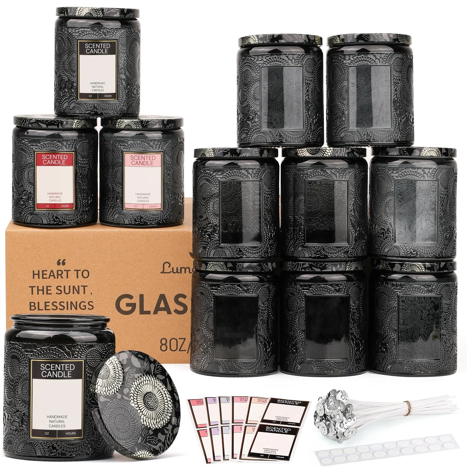 LumaCraft Candle Luxus Relief Kerzengläser zum Kerzen gießen- 12er Pack Leere Glasgefäße mit Luftdichtem Metalldeckel, 20pcs Dochte & 20 pcs Aufkleber - 240ML