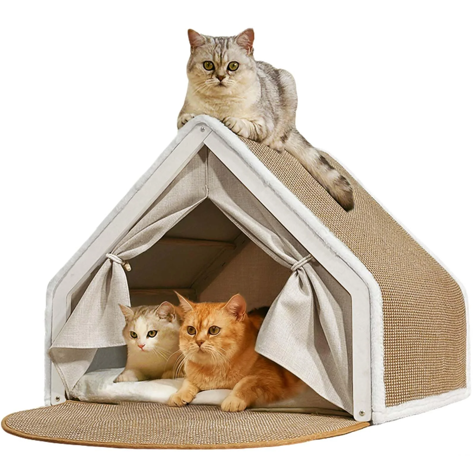 Katzenhaus Katzenhöhle für Zwei Katzen Katzenzelt Kratzbrett Sisal, 2-in-1 Holz Katzenzelt Indoor & Kratzbrett & Katzenbett, Katzenspielzeug Katzen rückzugsort lärm (Beige, 64x50x50)