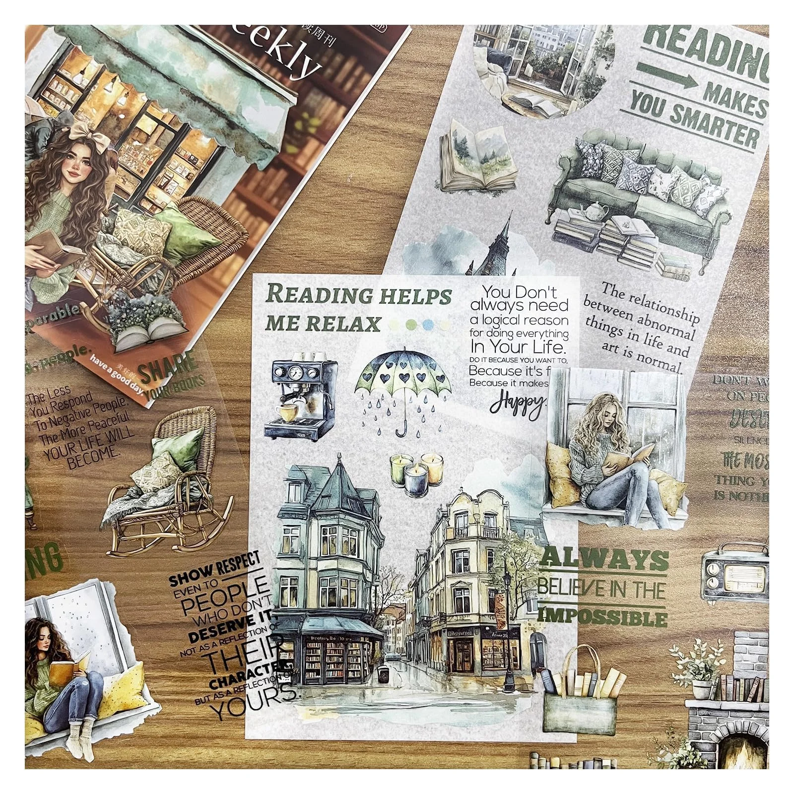 20 Blätter Scrapbook Zubehör Aufkleber Set für Junk Journaling | Lesen Thema Vintage Scrapbooking Stickers aus Washi & PET, Retro Aufkleber für Bullet Journal, DIY Notizbuch & Fotobuch