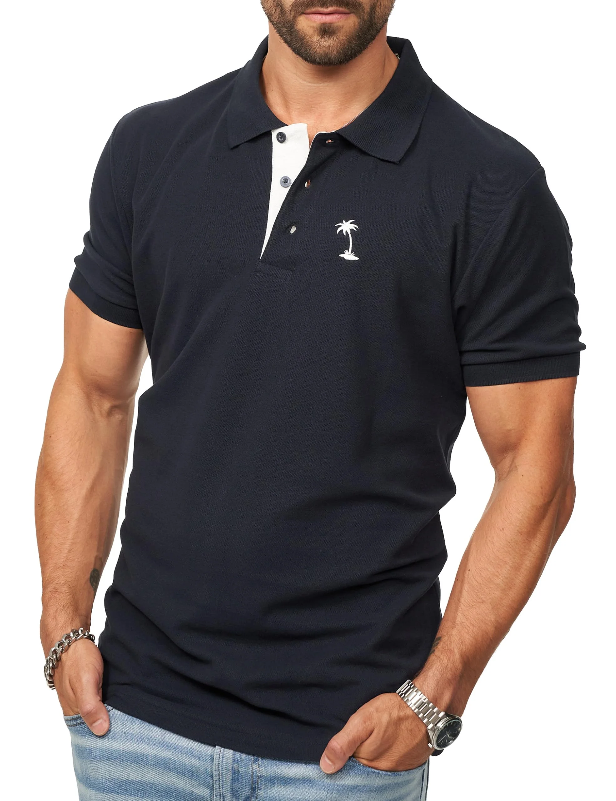 DAILY COTTON Herren Poloshirt Kurzarm Freizeit Polo T-Shirt mit Palmen-Logo - Männer Polo-Hemd im Regular-Fit in Piqué-Qualität